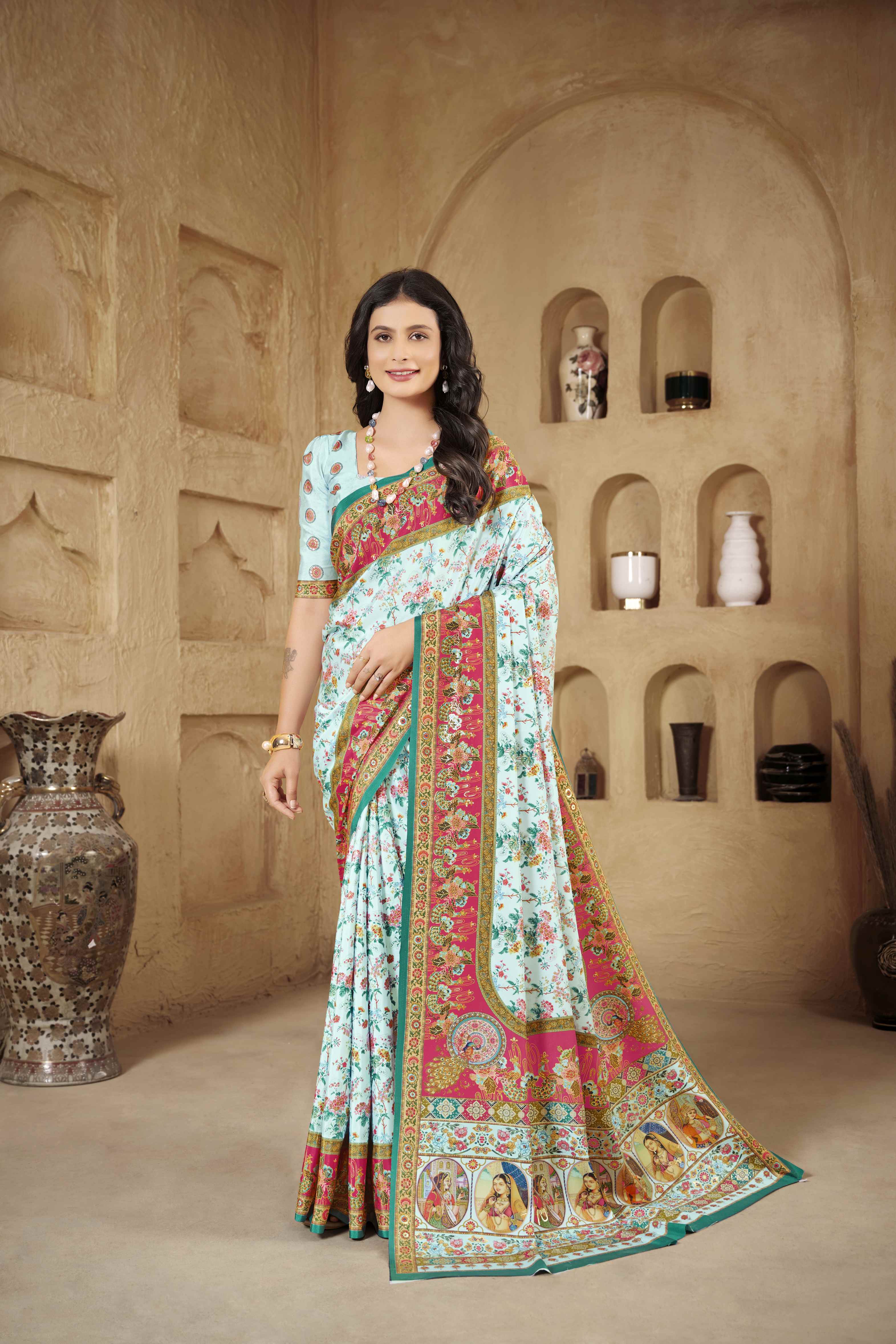 Sky Blue Beautiful Designer Position Digital Foil Printed Crepe Silk Designer Partywear Saree