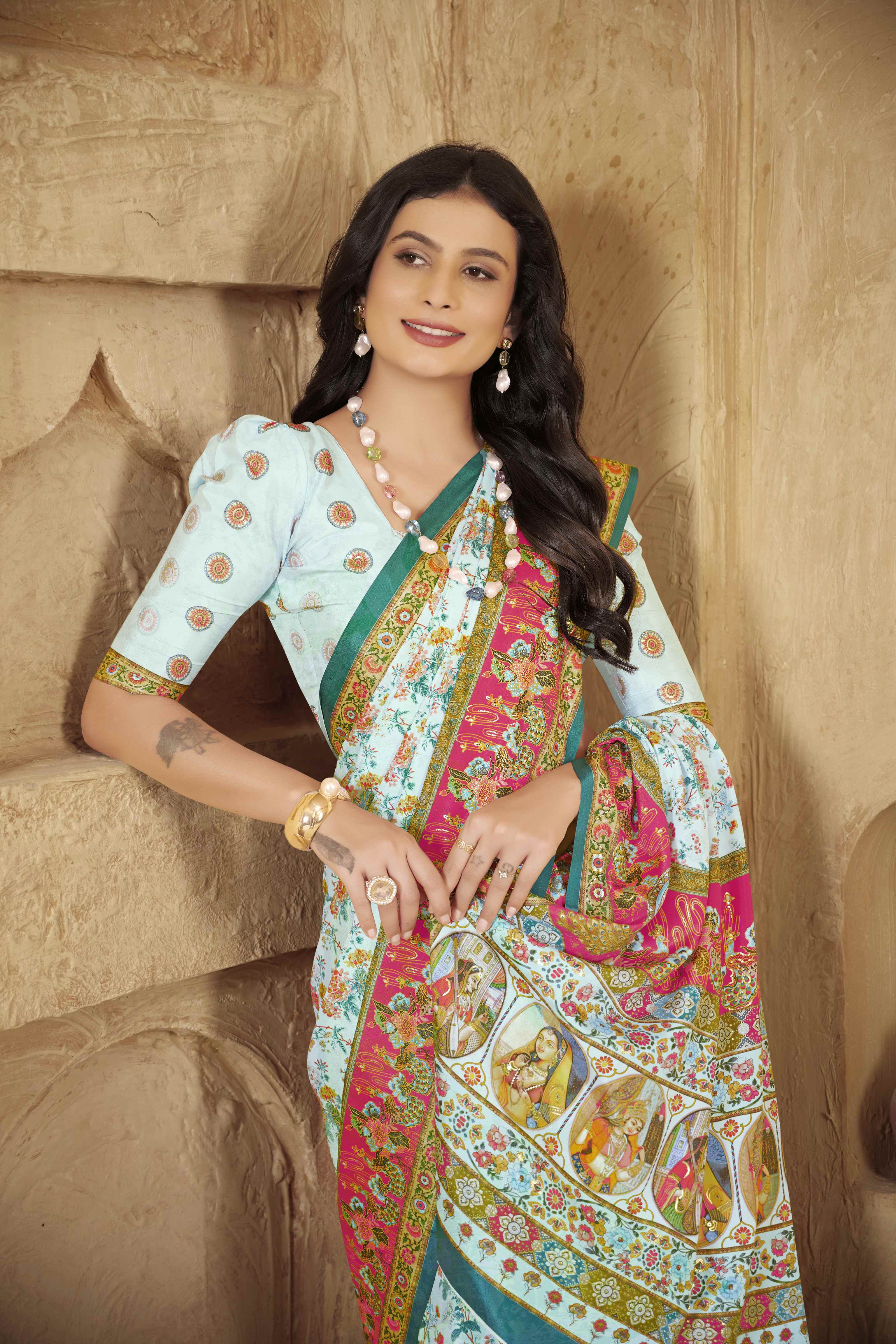 Sky Blue Beautiful Designer Position Digital Foil Printed Crepe Silk Designer Partywear Saree