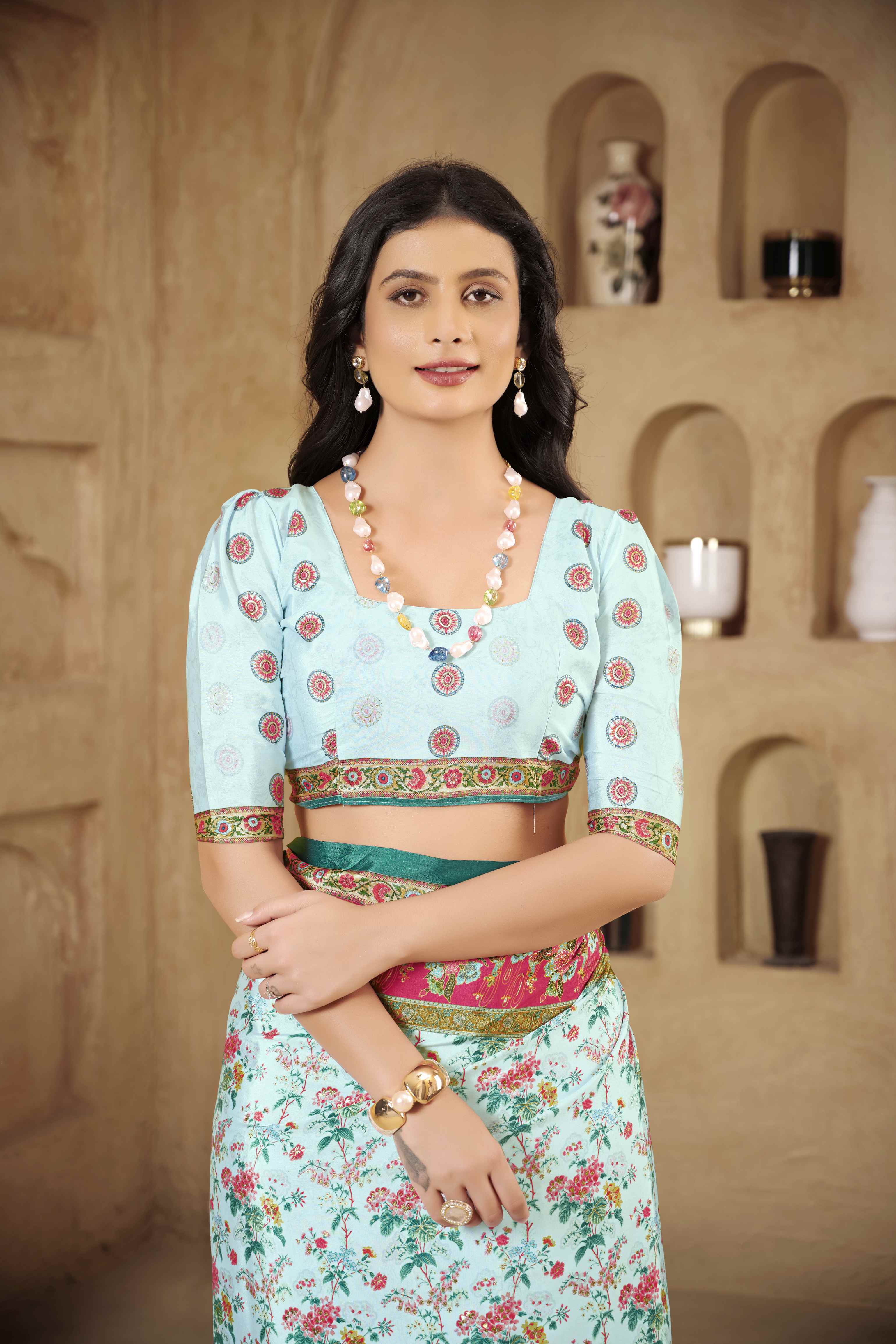 Sky Blue Beautiful Designer Position Digital Foil Printed Crepe Silk Designer Partywear Saree