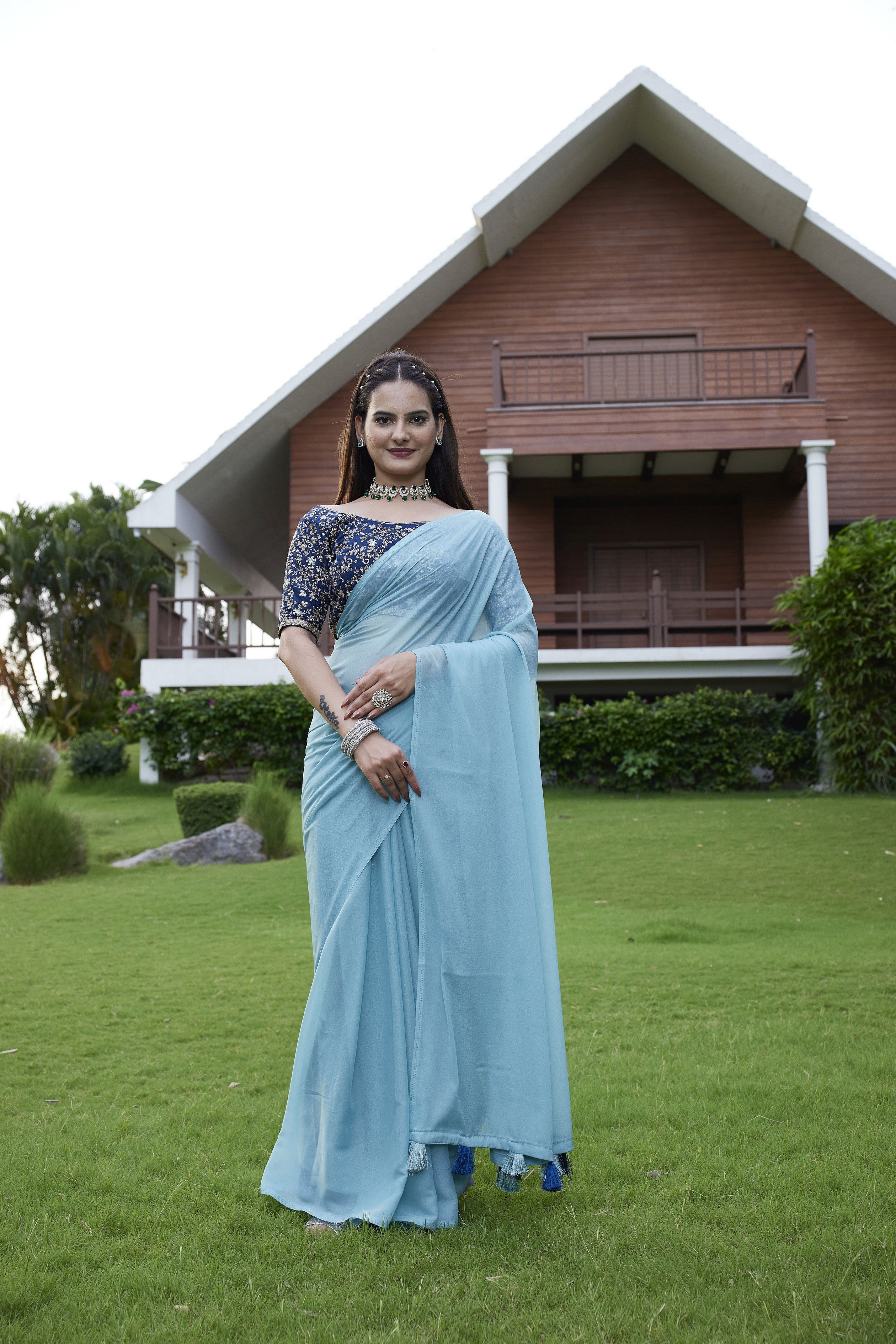 Sky Blue Beautiful Fancy Saree With Embroidered Blouse