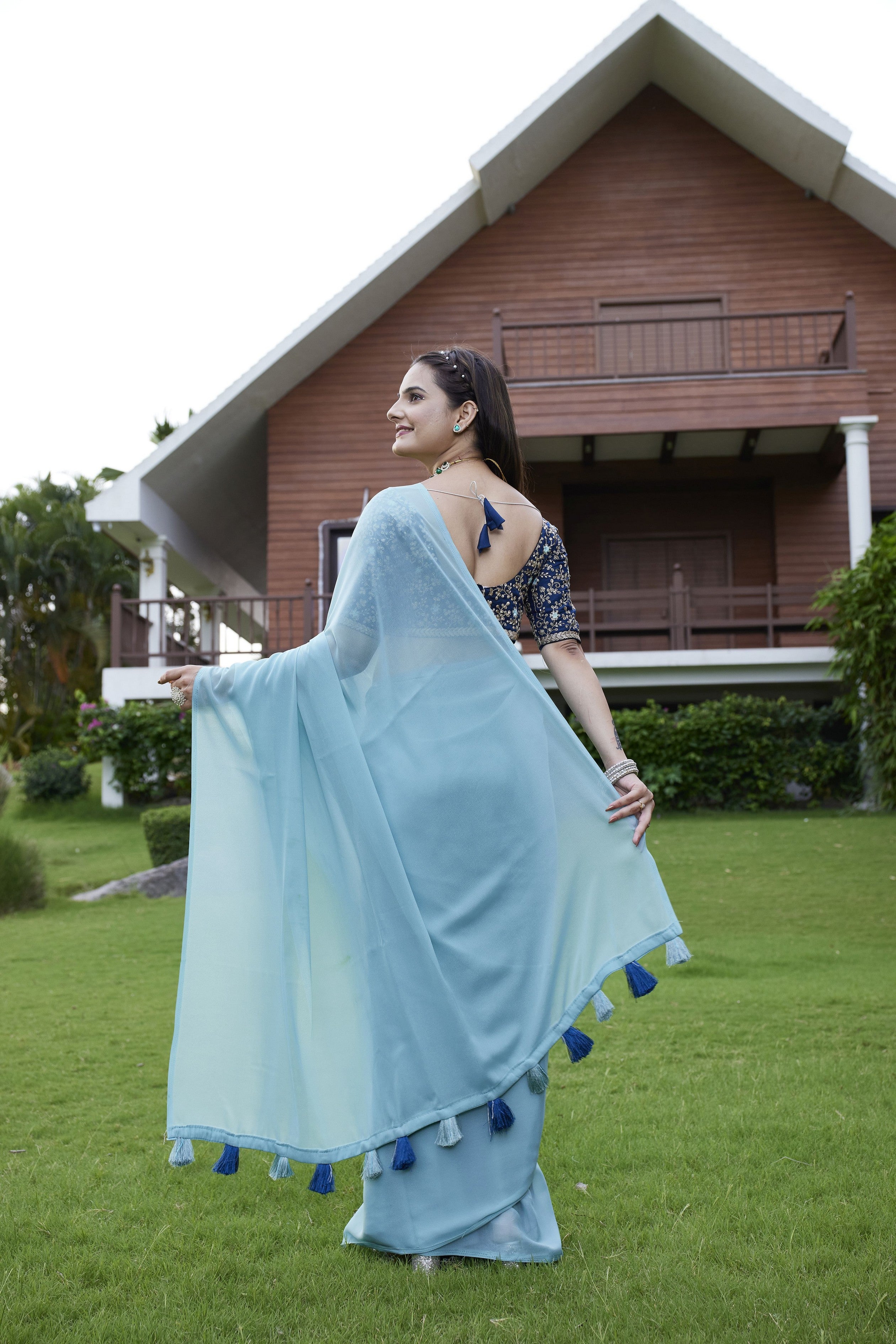 Sky Blue Beautiful Fancy Saree With Embroidered Blouse
