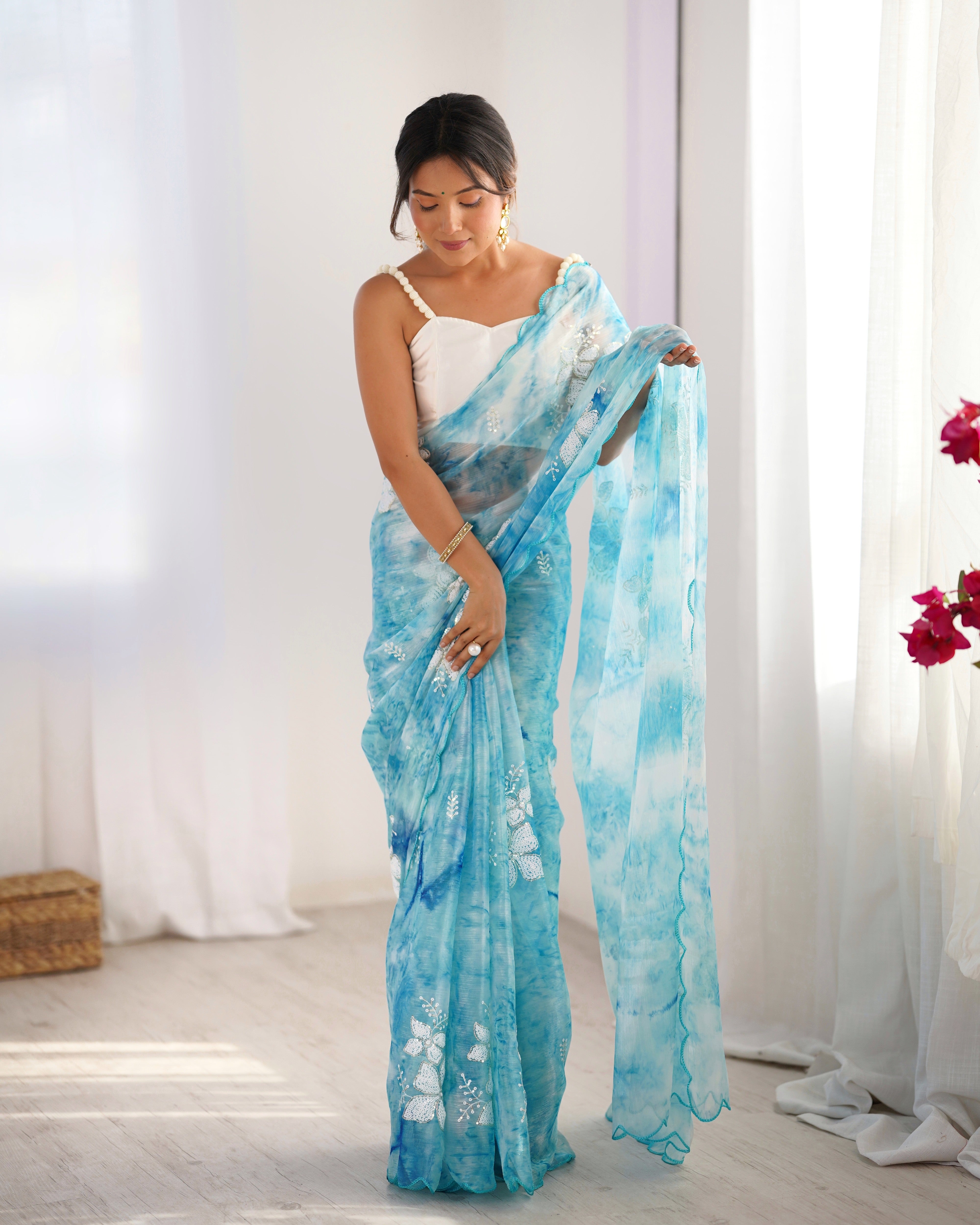 Sky Blue Beautiful Jimmy Choo Sequins Embroidered Ethnic Girlie Saree
