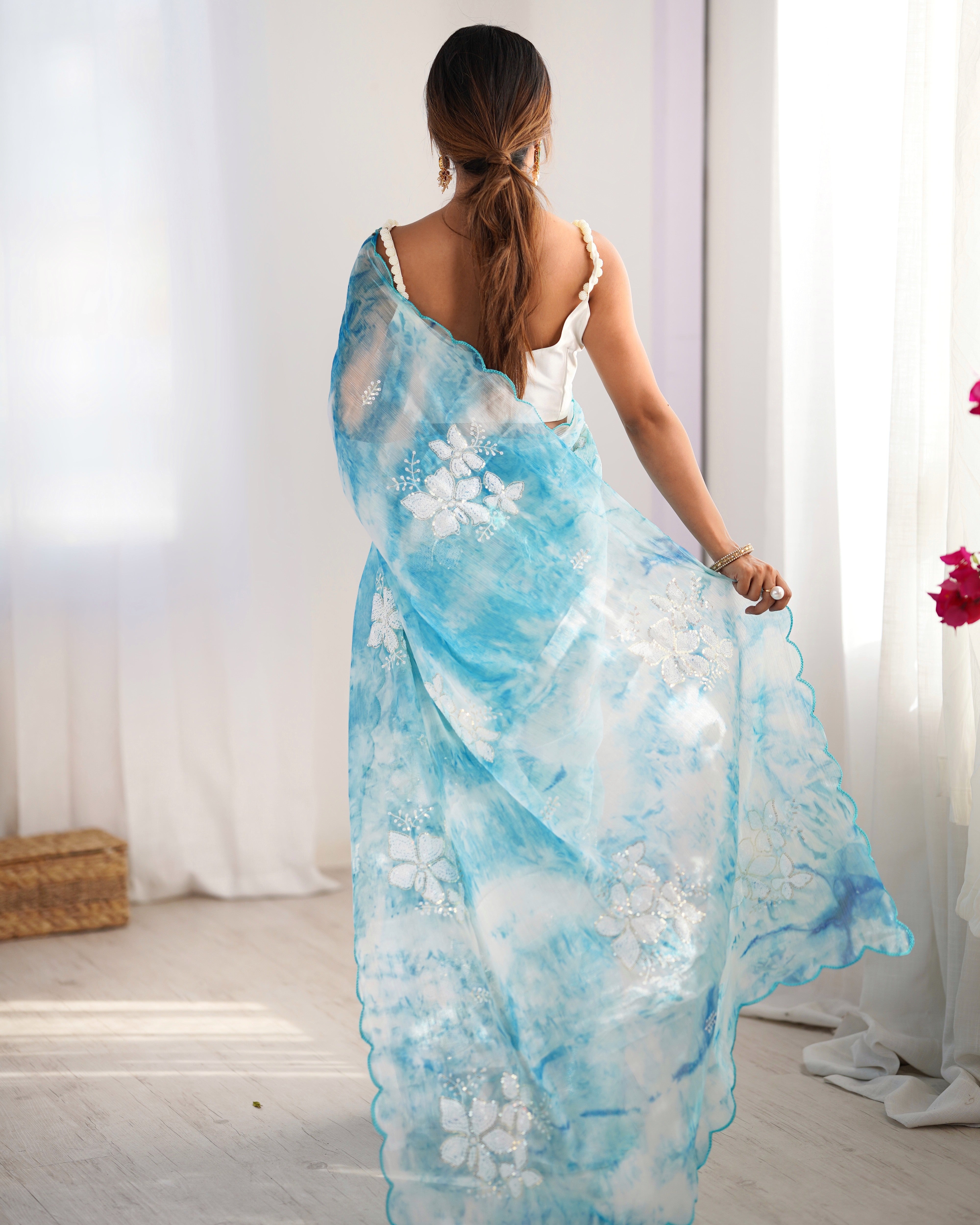 Sky Blue Beautiful Jimmy Choo Sequins Embroidered Ethnic Girlie Saree