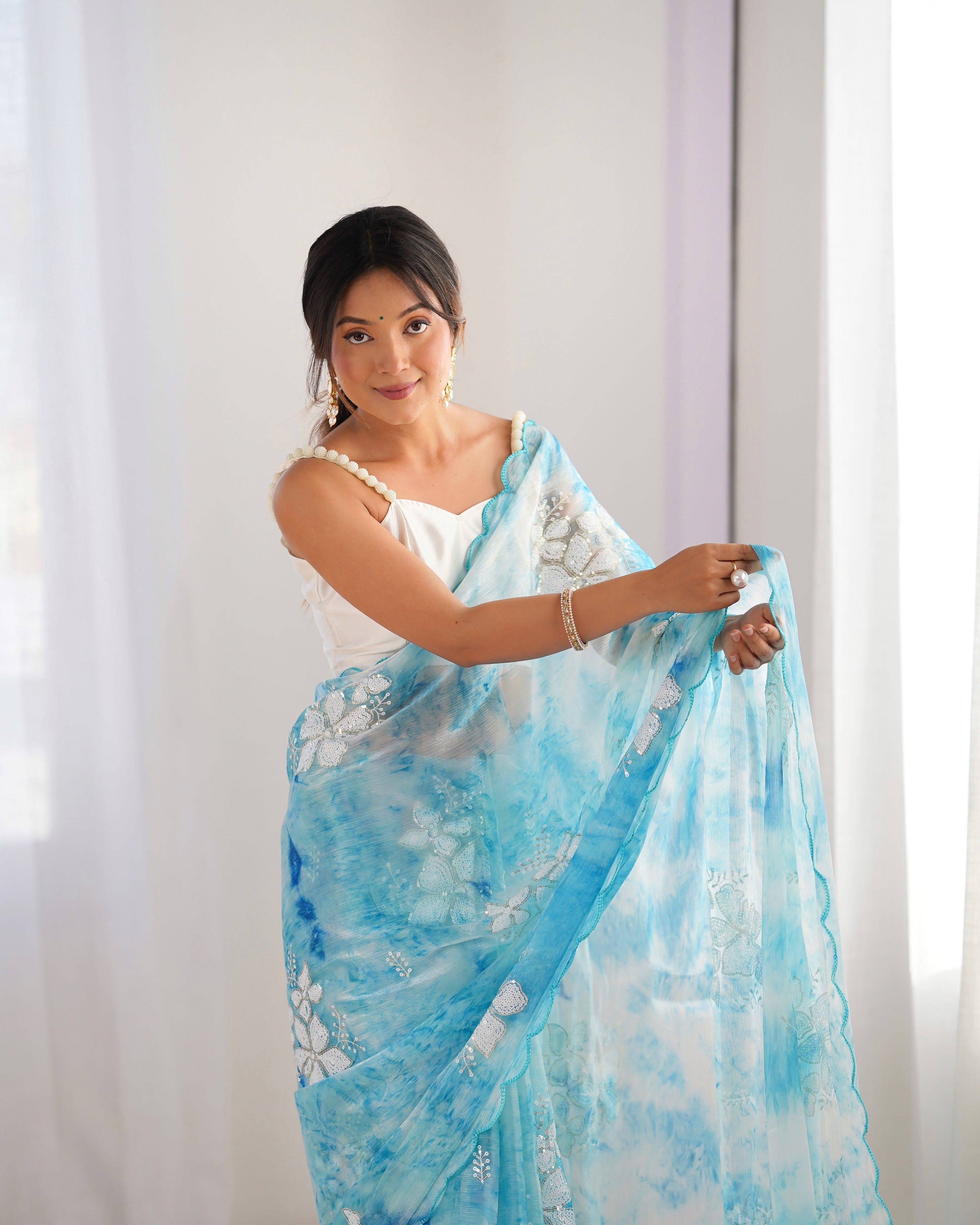 Sky Blue Beautiful Jimmy Choo Sequins Embroidered Ethnic Girlie Saree