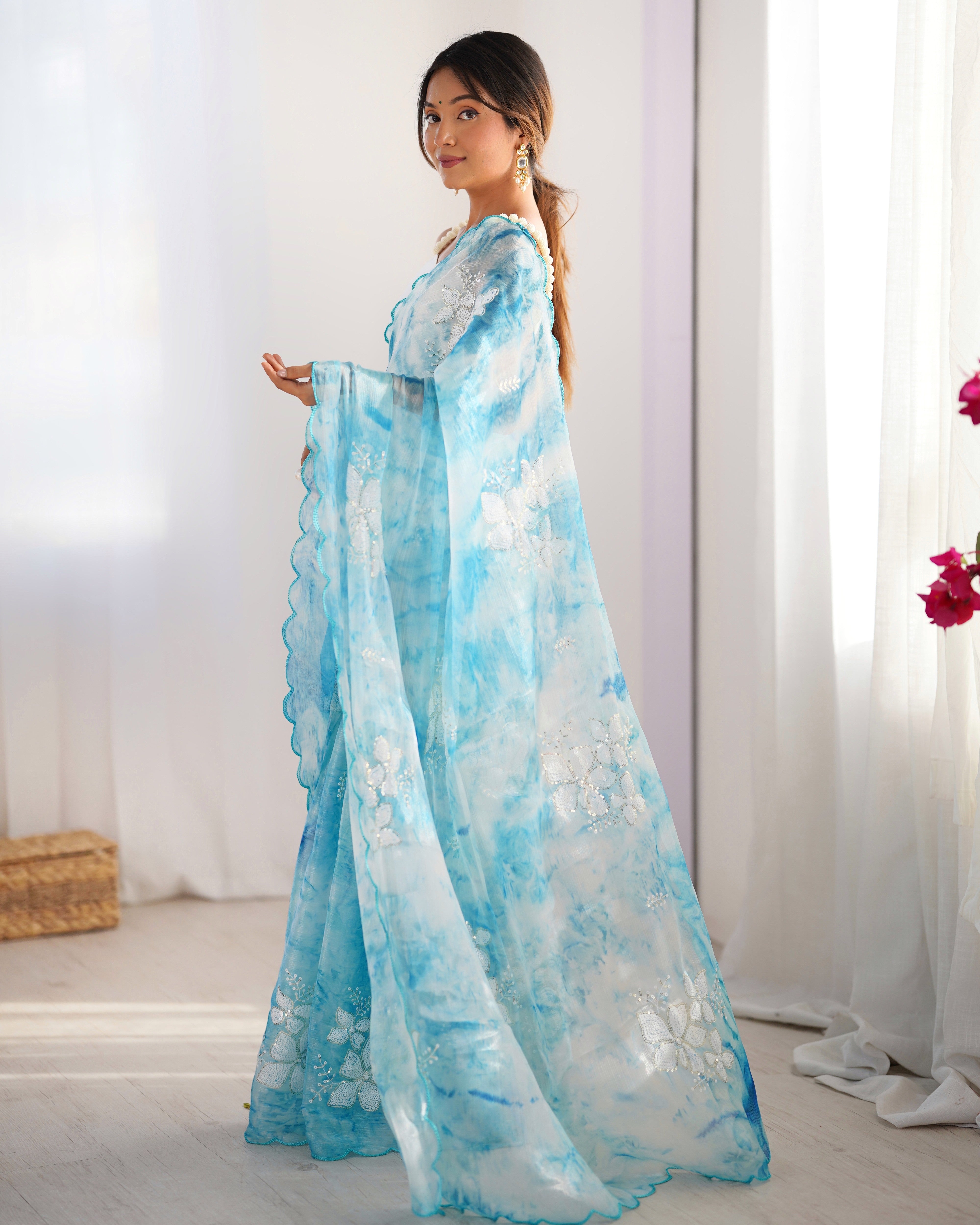 Sky Blue Beautiful Jimmy Choo Sequins Embroidered Ethnic Girlie Saree