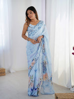 Sky Blue Beautiful Printed Chinon Saree With Stylish Border For Girlie Looks