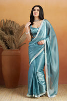 Sky Blue Beautiful Velvet Ceremonial Wear Bollywood Saree