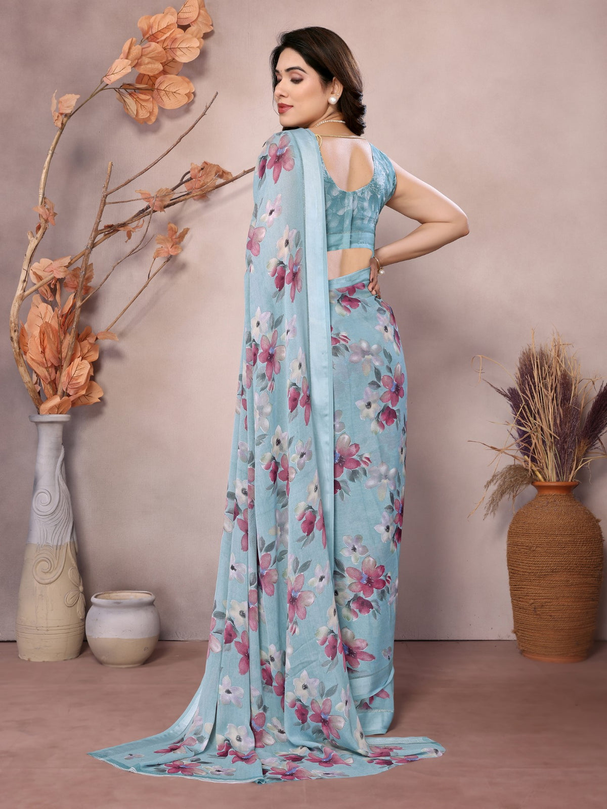 Sky Blue Bright Moss Satin Patta Saree With Printed