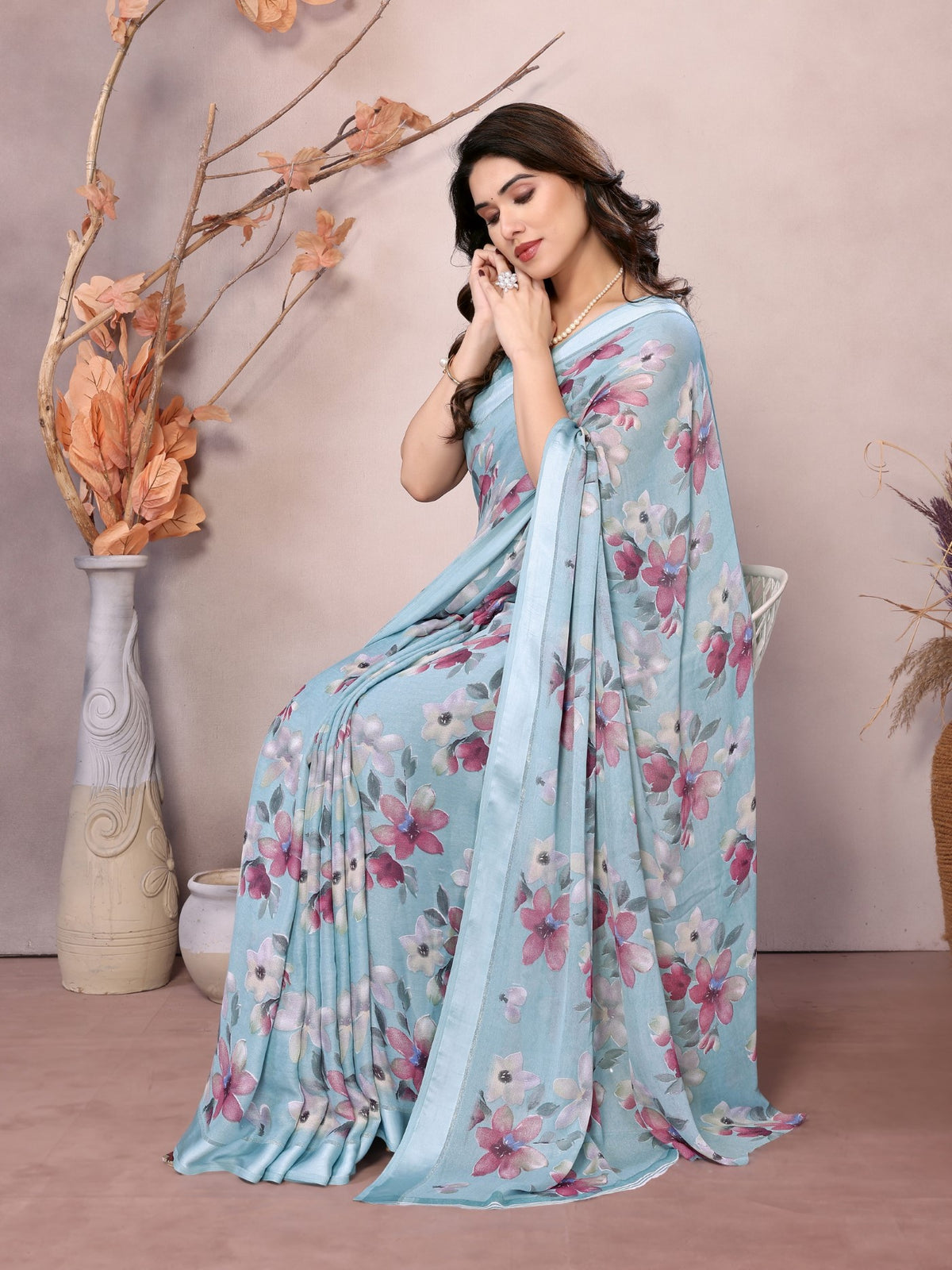 Sky Blue Bright Moss Satin Patta Saree With Printed