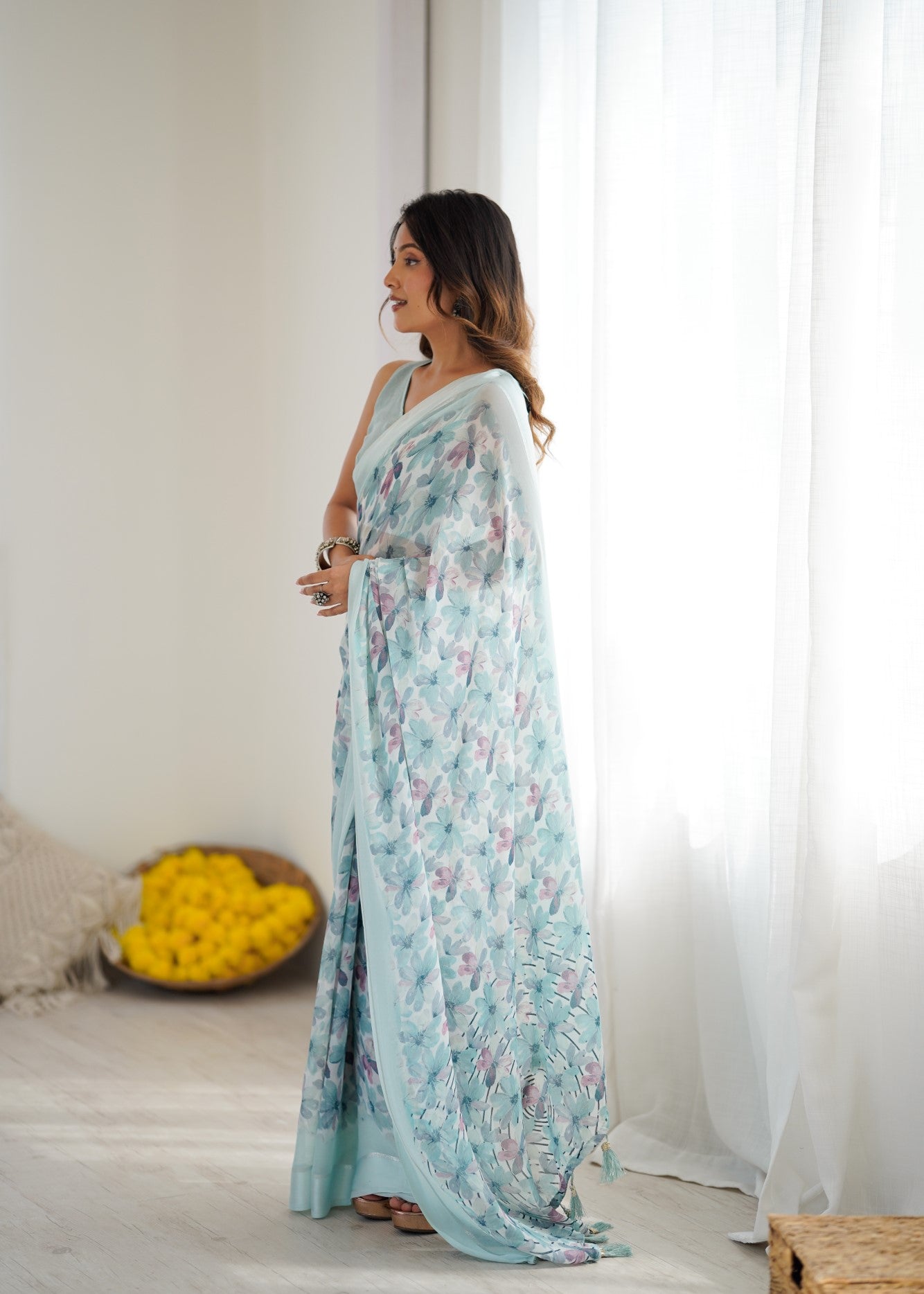 Sky Blue Bright Moss Satin Patta Saree With Printed Design