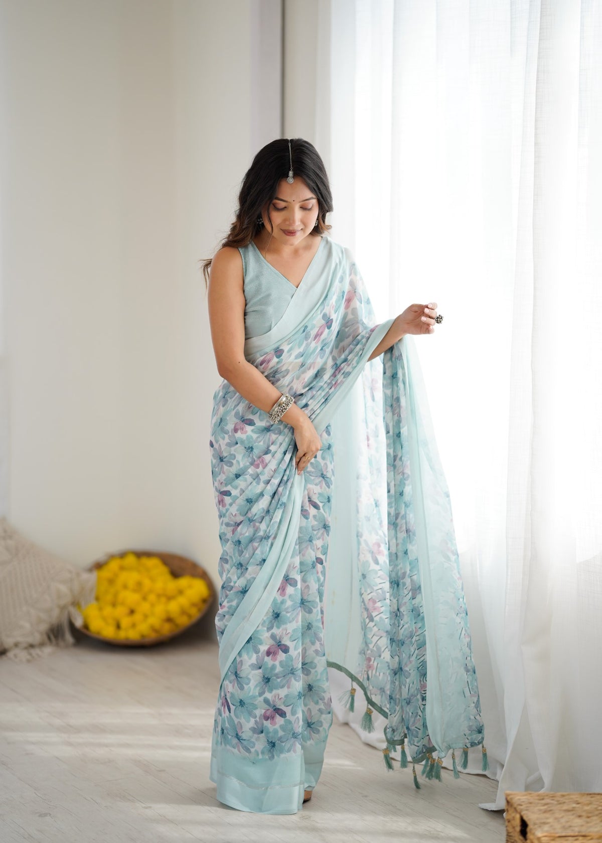 Sky Blue Bright Moss Satin Patta Saree With Printed Design