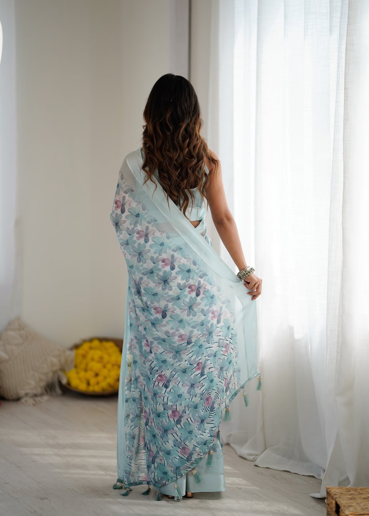 Sky Blue Bright Moss Satin Patta Saree With Printed Design