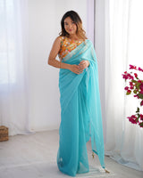 Sky Blue Burberry Designer Printed Blouse Partywear Saree
