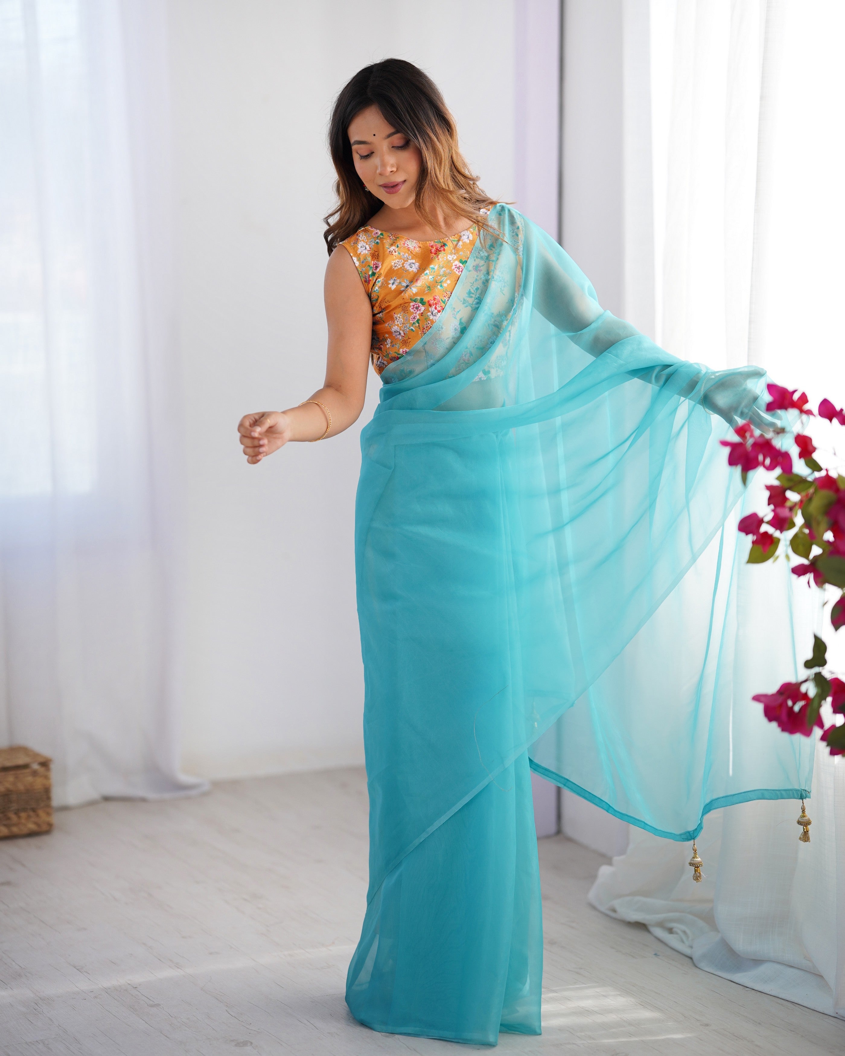 Sky Blue Burberry Designer Printed Blouse Partywear Saree