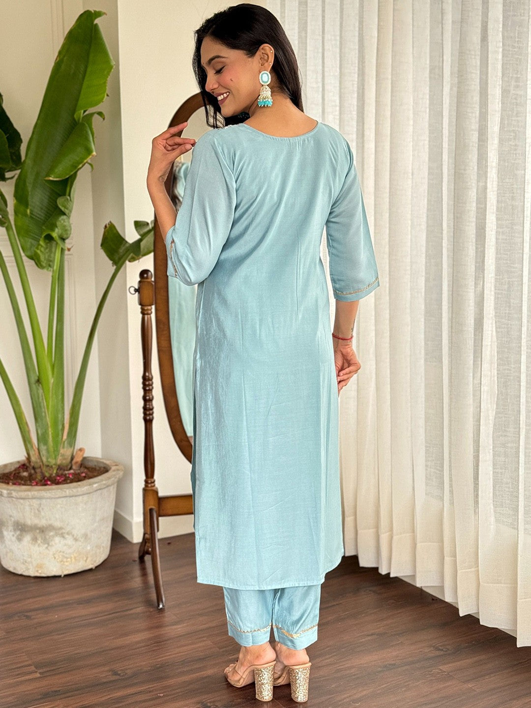 Sky Blue Chanderi Silk Kurta Pant Set With Heavy Thread Embroidery Work With Printed Dupatta