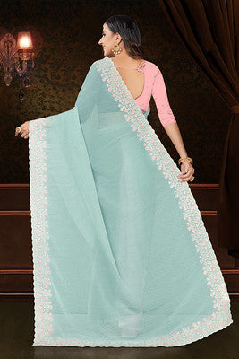 Sky Blue Chiffon Saree With  Swarovski and Thread Embroidery Work