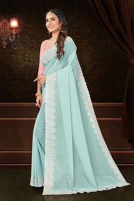 Sky Blue Chiffon Saree With  Swarovski and Thread Embroidery Work