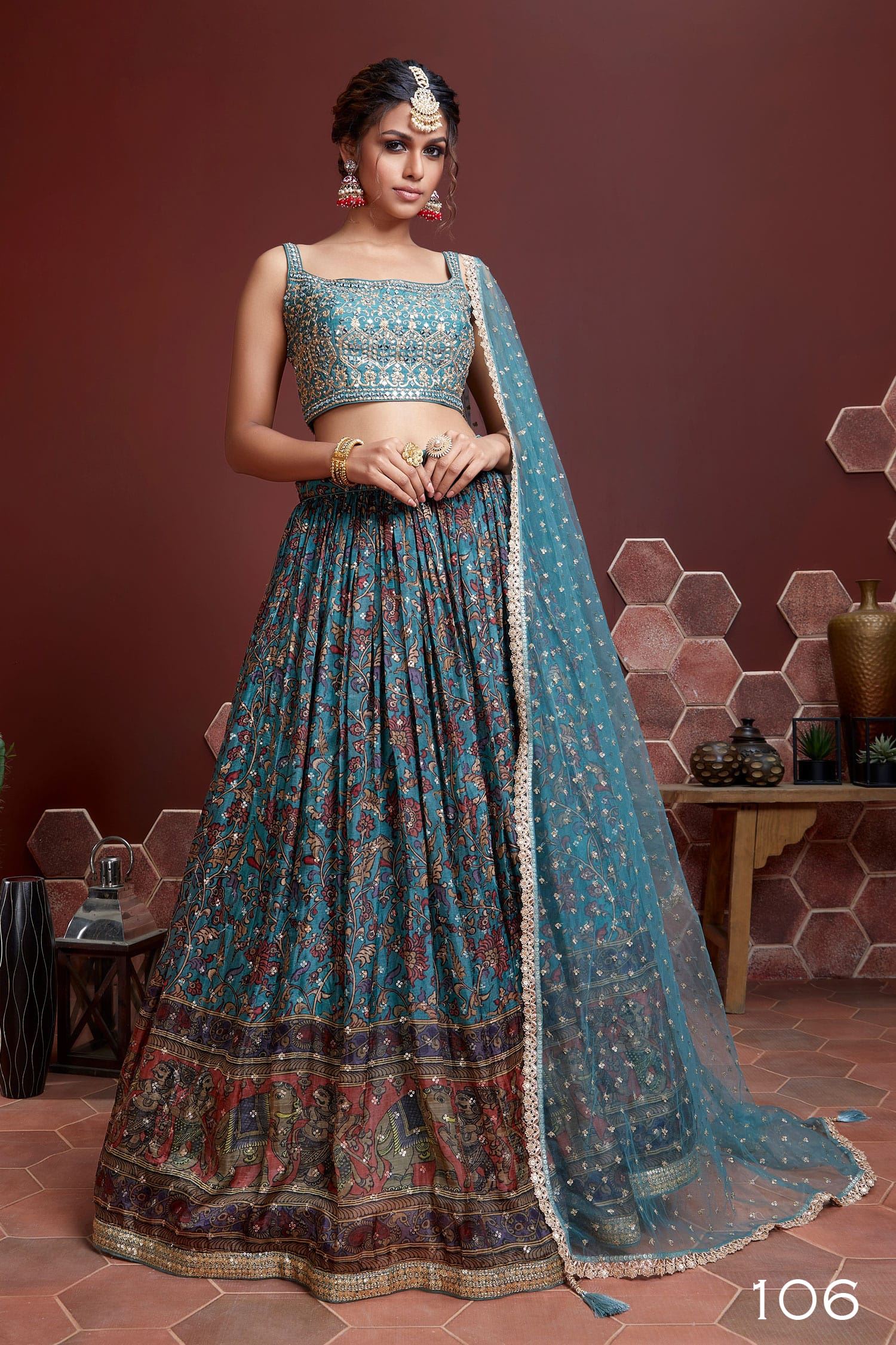 Sky Blue Chinnon Silk Lehenga Choli With Digital Print and Heavy Embroidery with Real mirror work