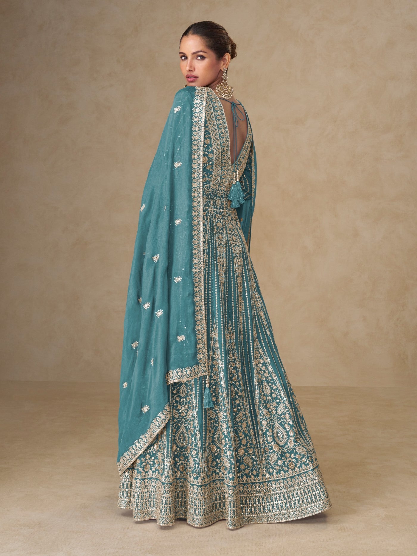 Sky Blue Chinon Designer Suit Set With Elegant Embroidery