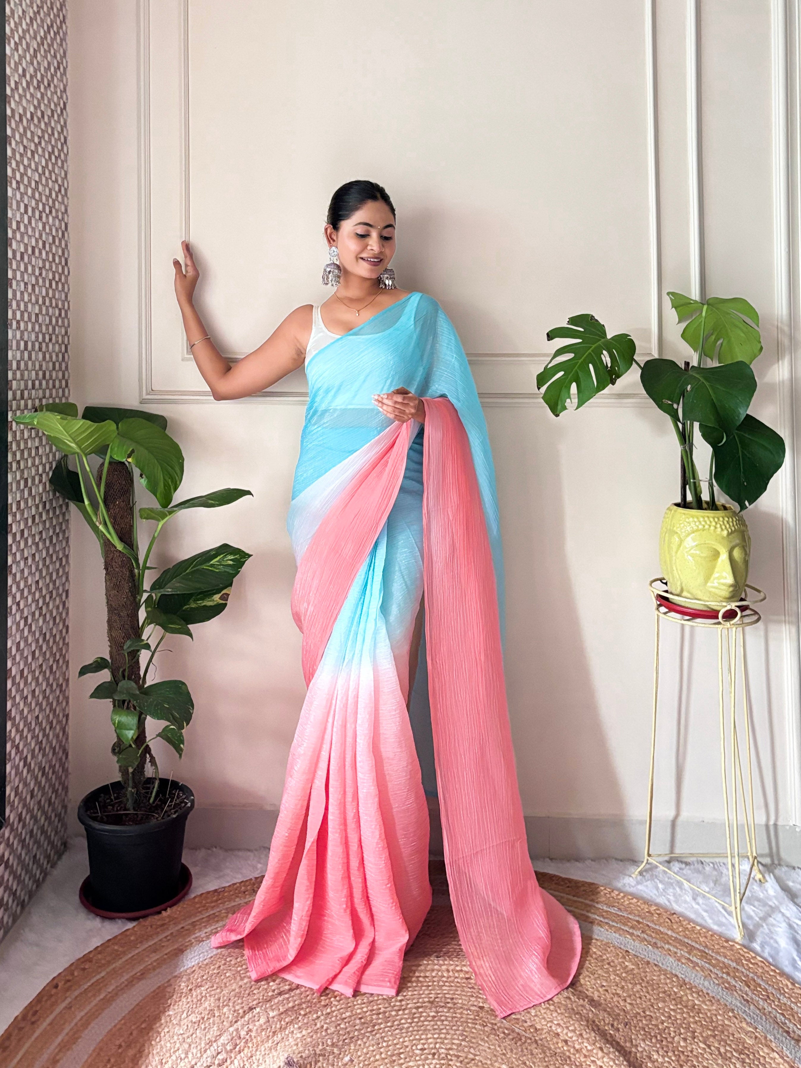 Sky Blue Crunchy Pedding Solid Bollywood Style Ready To Wear Saree