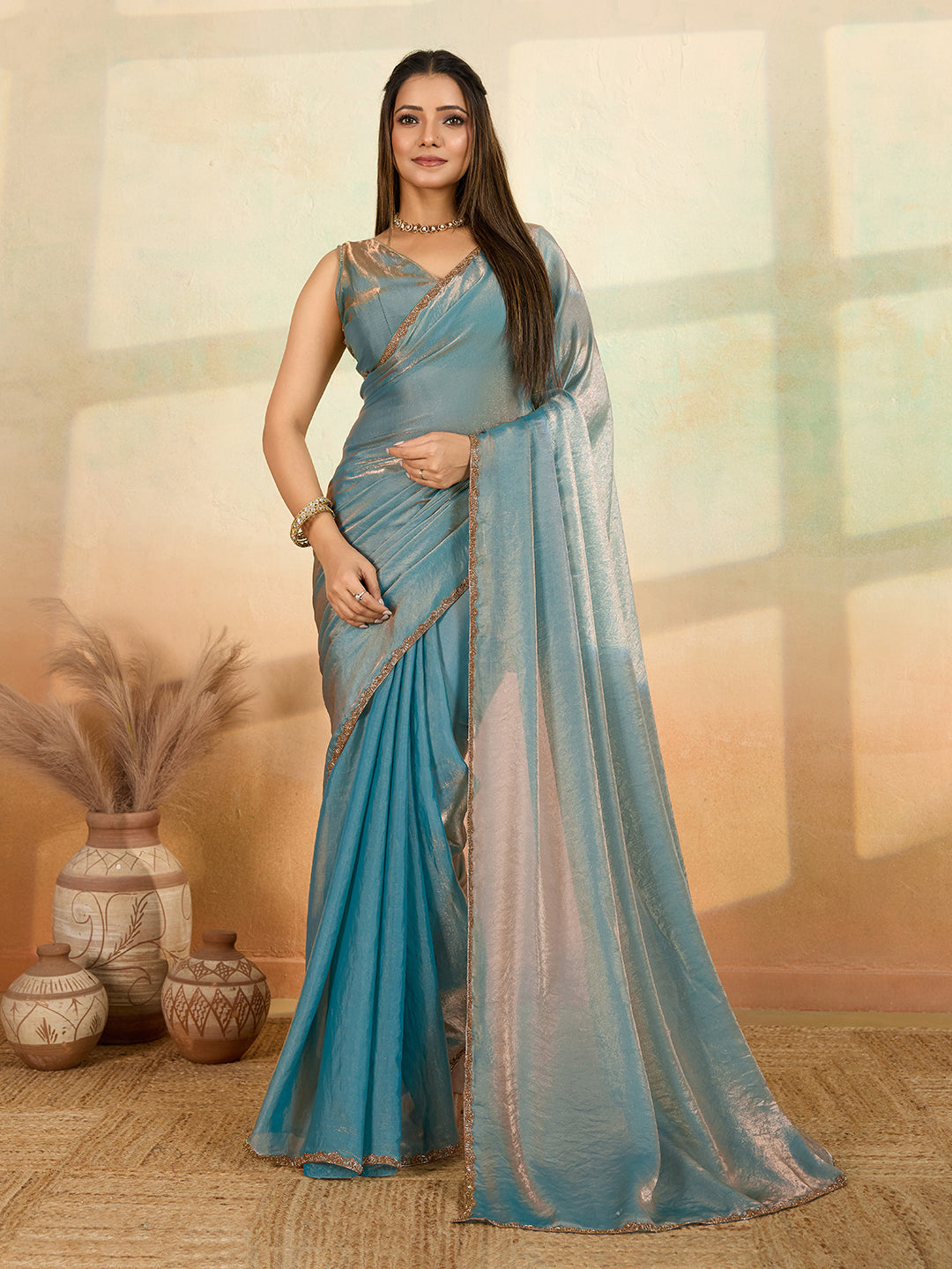 Sky Blue Designer Beads Embroidery Work Fendy Satin Bollywood Style Saree