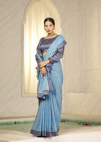 Sky Blue Designer Digital Foil Printed Bollywood Style Chiffon Saree