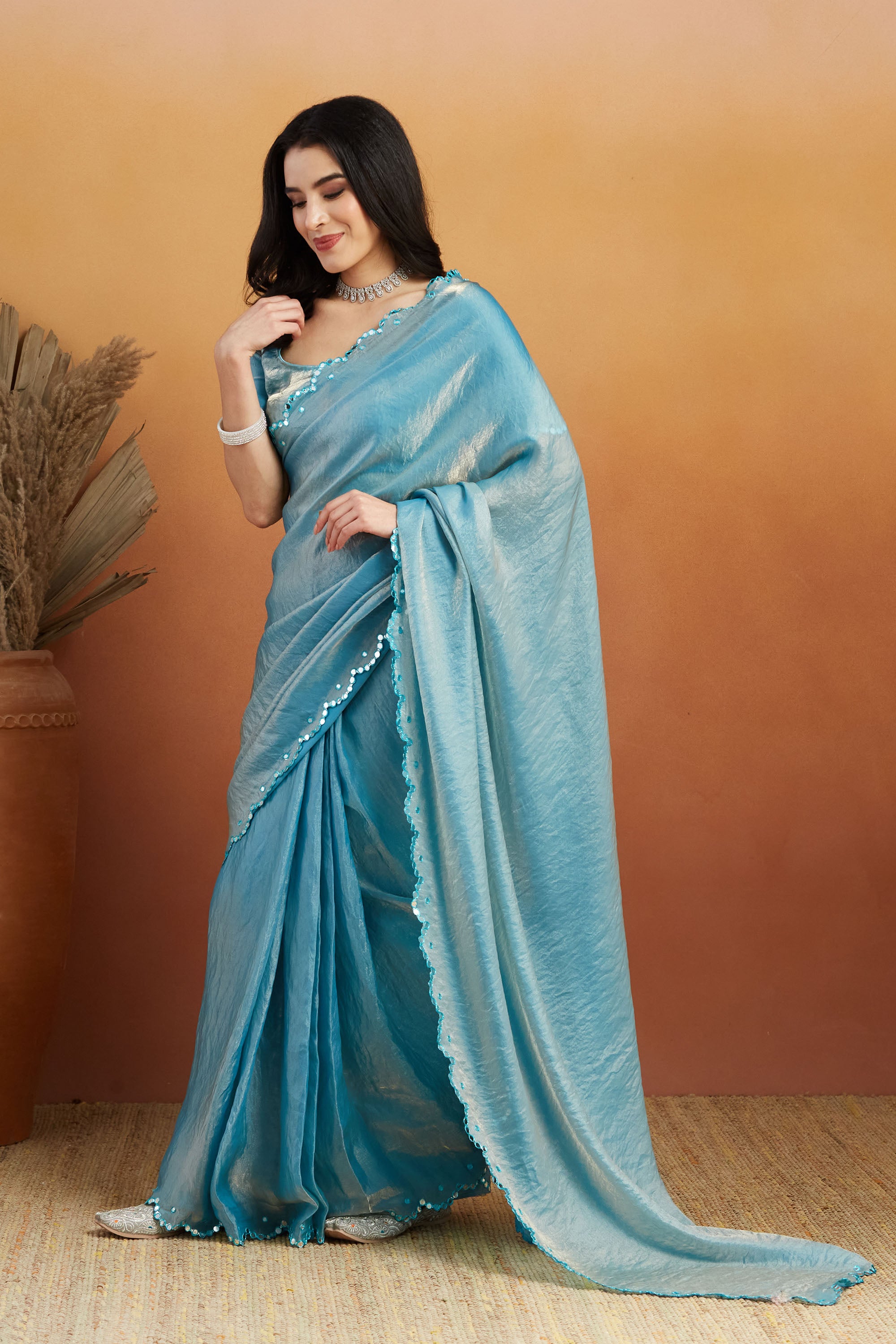 Sky Blue Designer Fancy Ready To Wear Saree For Ceremonial Looks