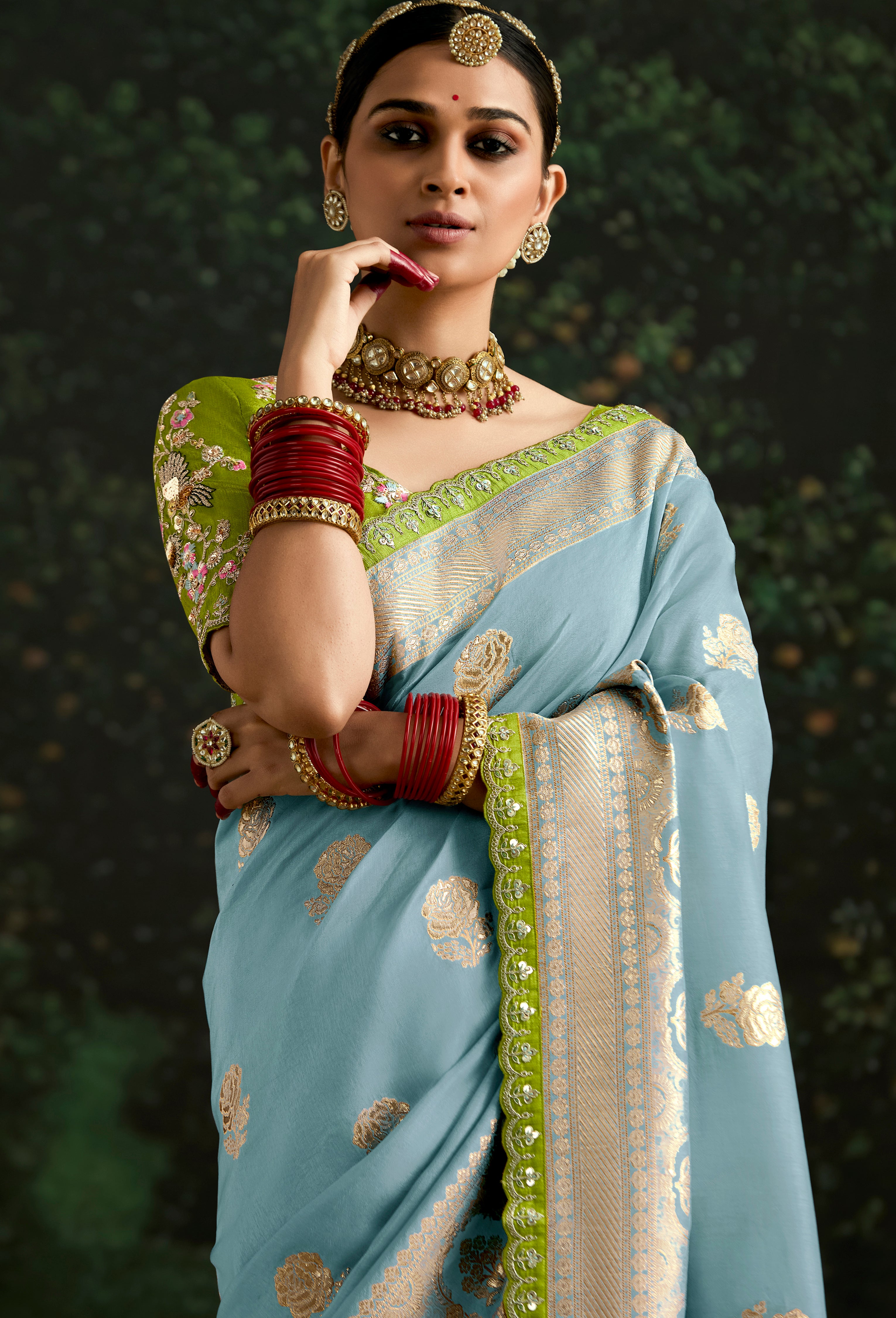 Sky Blue Dola Silk Saree With  Jacquard Woven with Embroidered Lace Border