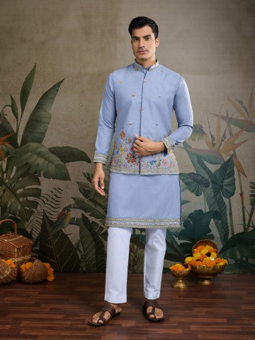 Sky Blue Embroidered Kurta with Jacket for Ceremonial Look