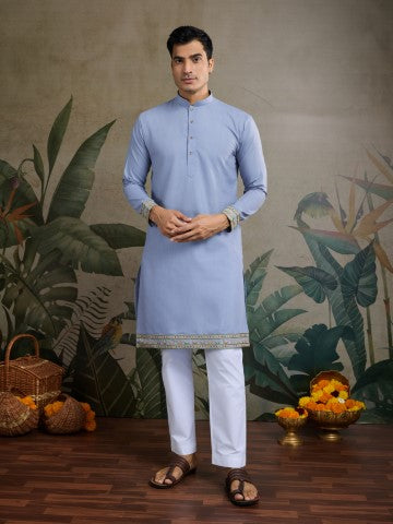 Sky Blue Embroidered Kurta with Jacket for Ceremonial Look