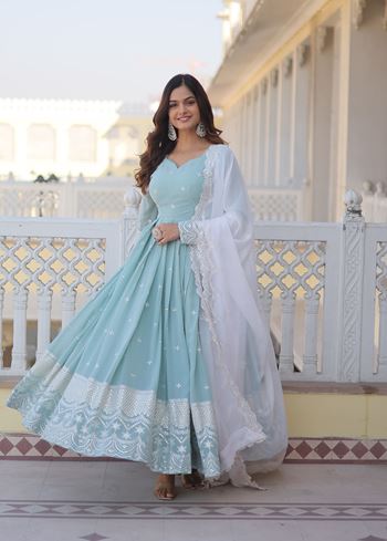 Sky Blue Faux Georgette Suit With Embroidered work