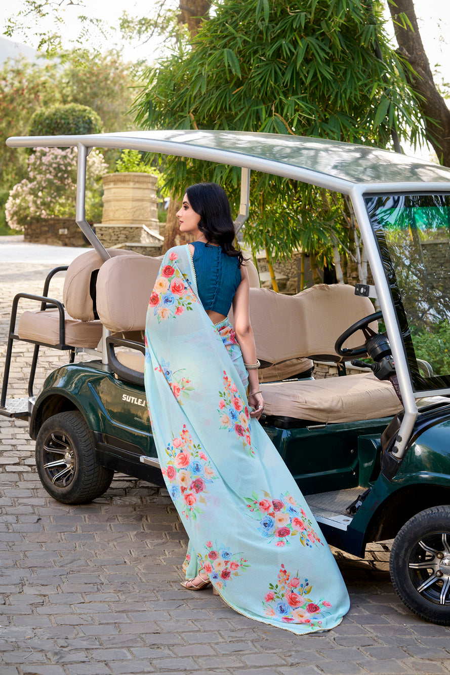 Sky Blue Floral Marble Saree with Lace Border