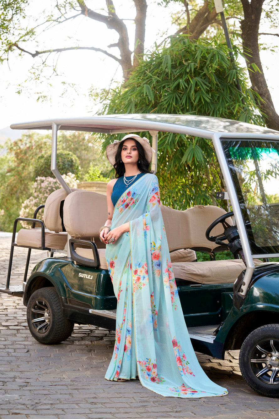 Sky Blue Floral Marble Saree with Lace Border