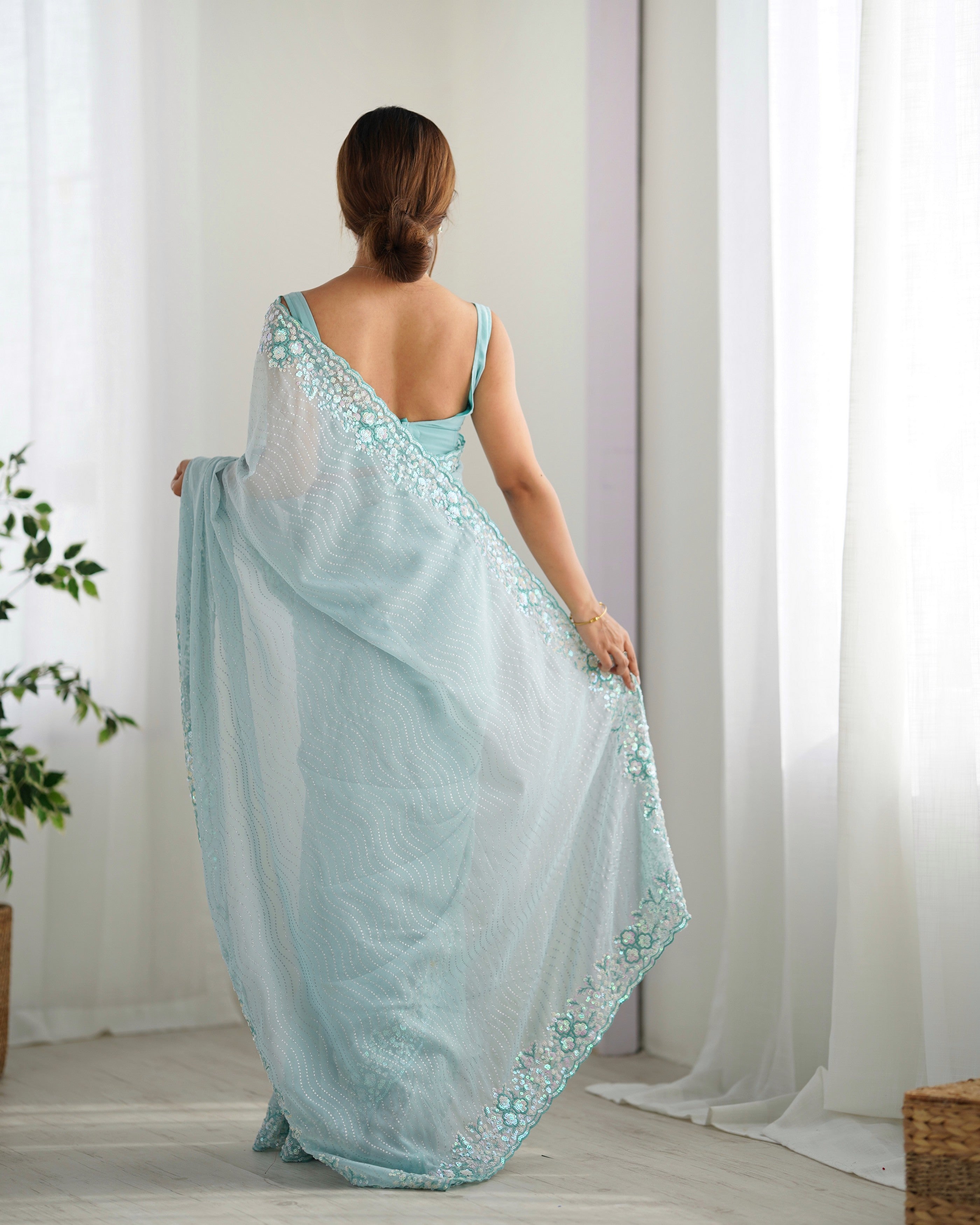 Sky Blue Georgette Beautiful Partywear Embroidered Saree
