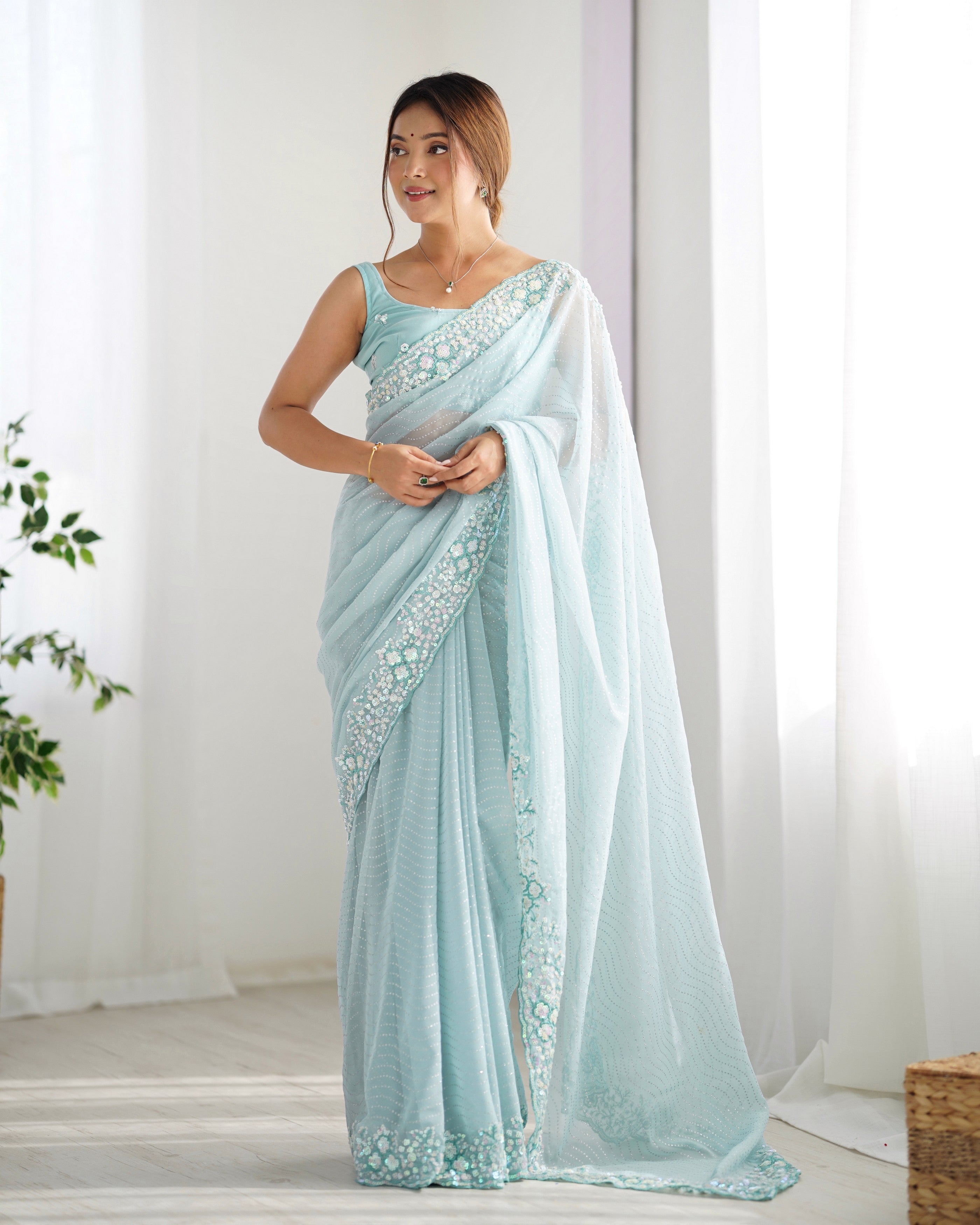 Sky Blue Georgette Beautiful Partywear Embroidered Saree