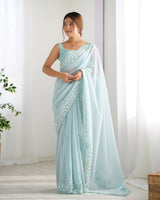 Sky Blue Georgette Beautiful Partywear Embroidered Saree