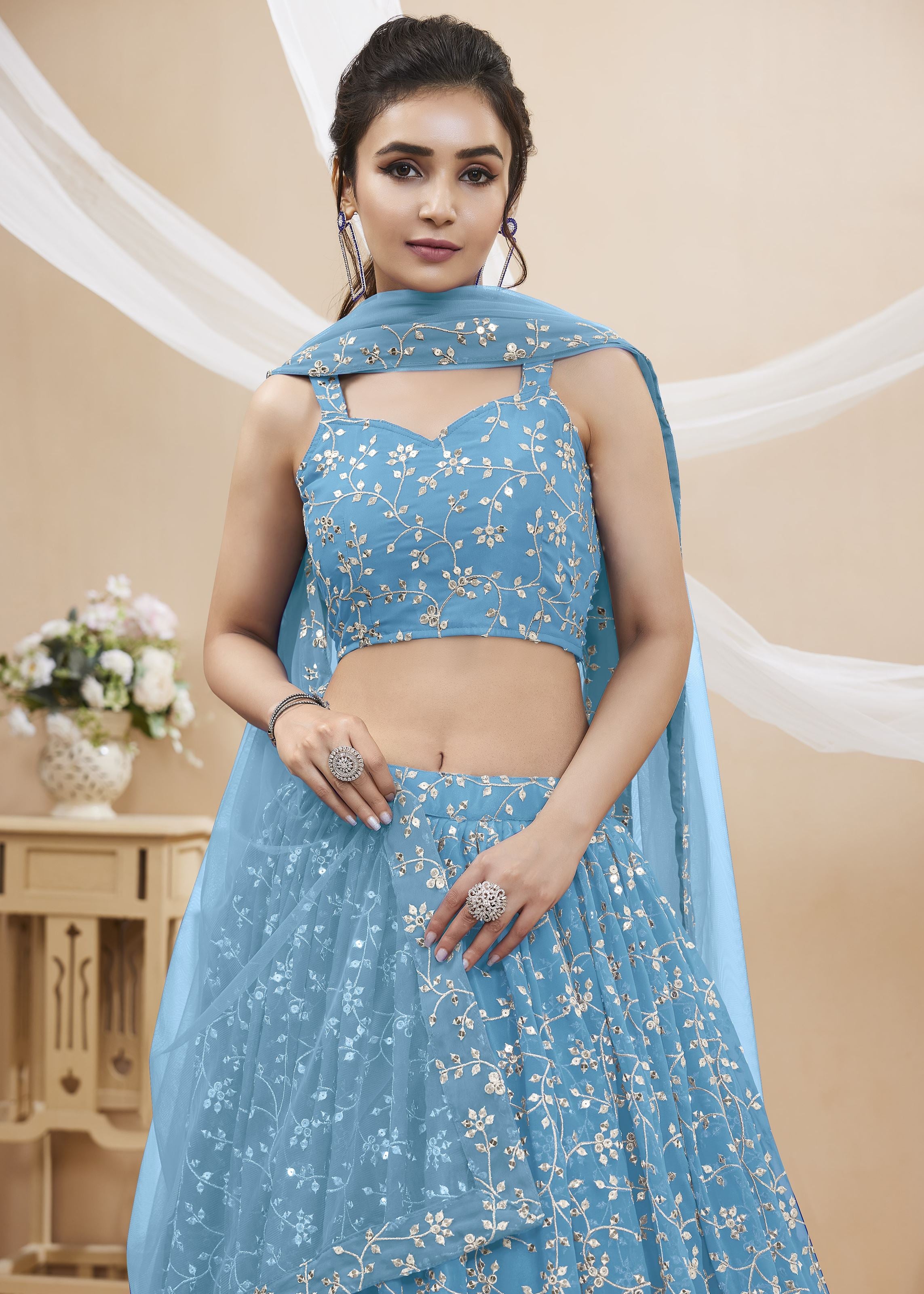 Sky Blue Georgette Lehenga Choli With Sequins Zari Embroidered Work