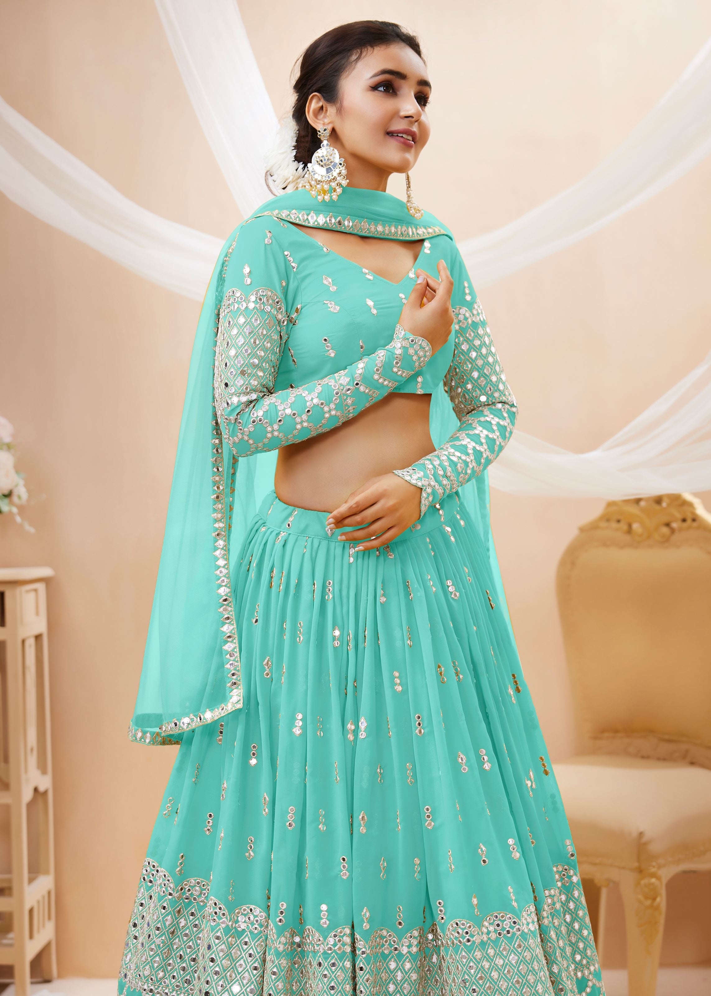 Sky Blue Georgette Lehenga Choli With Sequins Zari Embroidered Work
