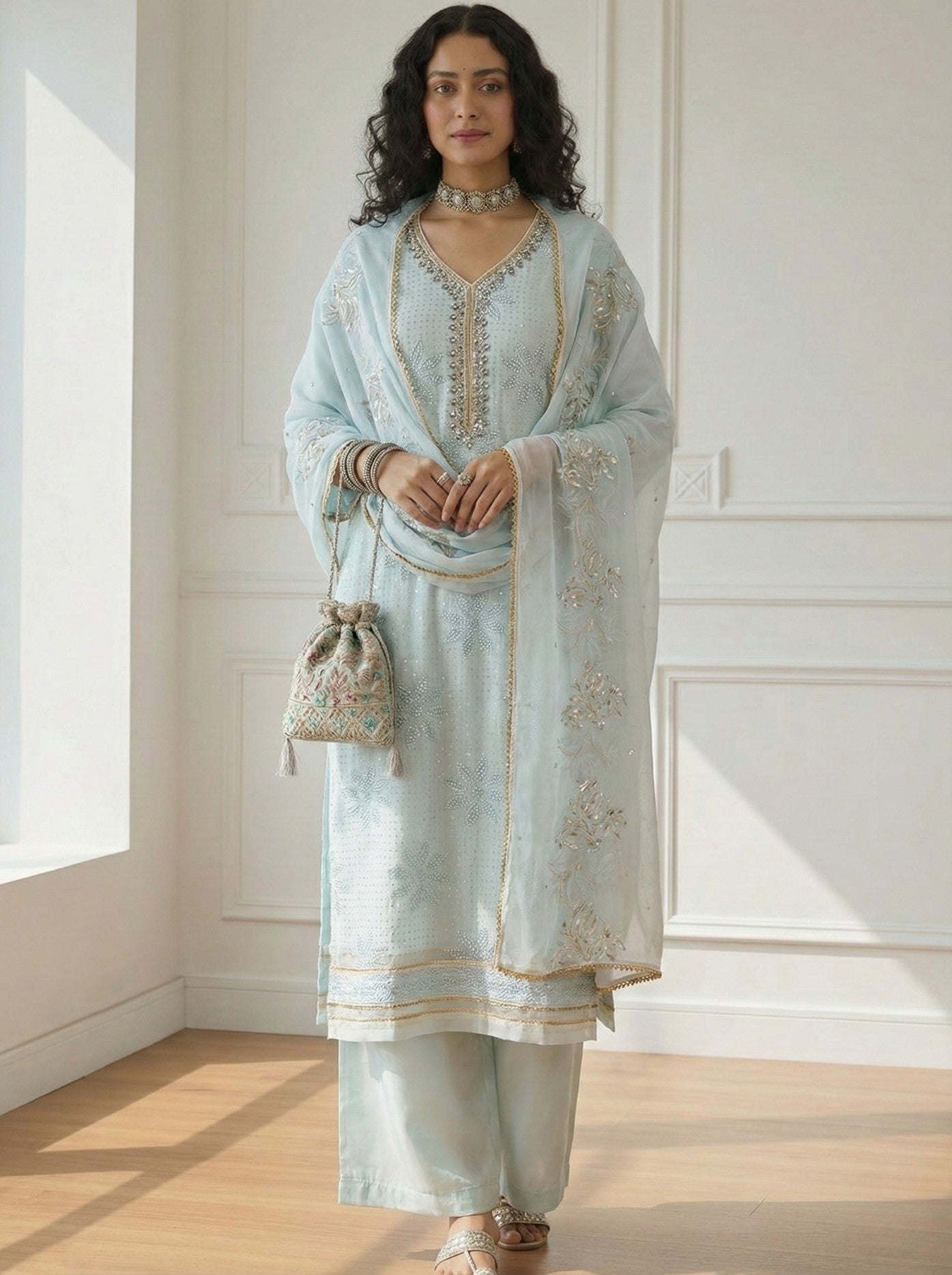 Sky Blue Georgette Salwar Suit With Khatli Embroidery