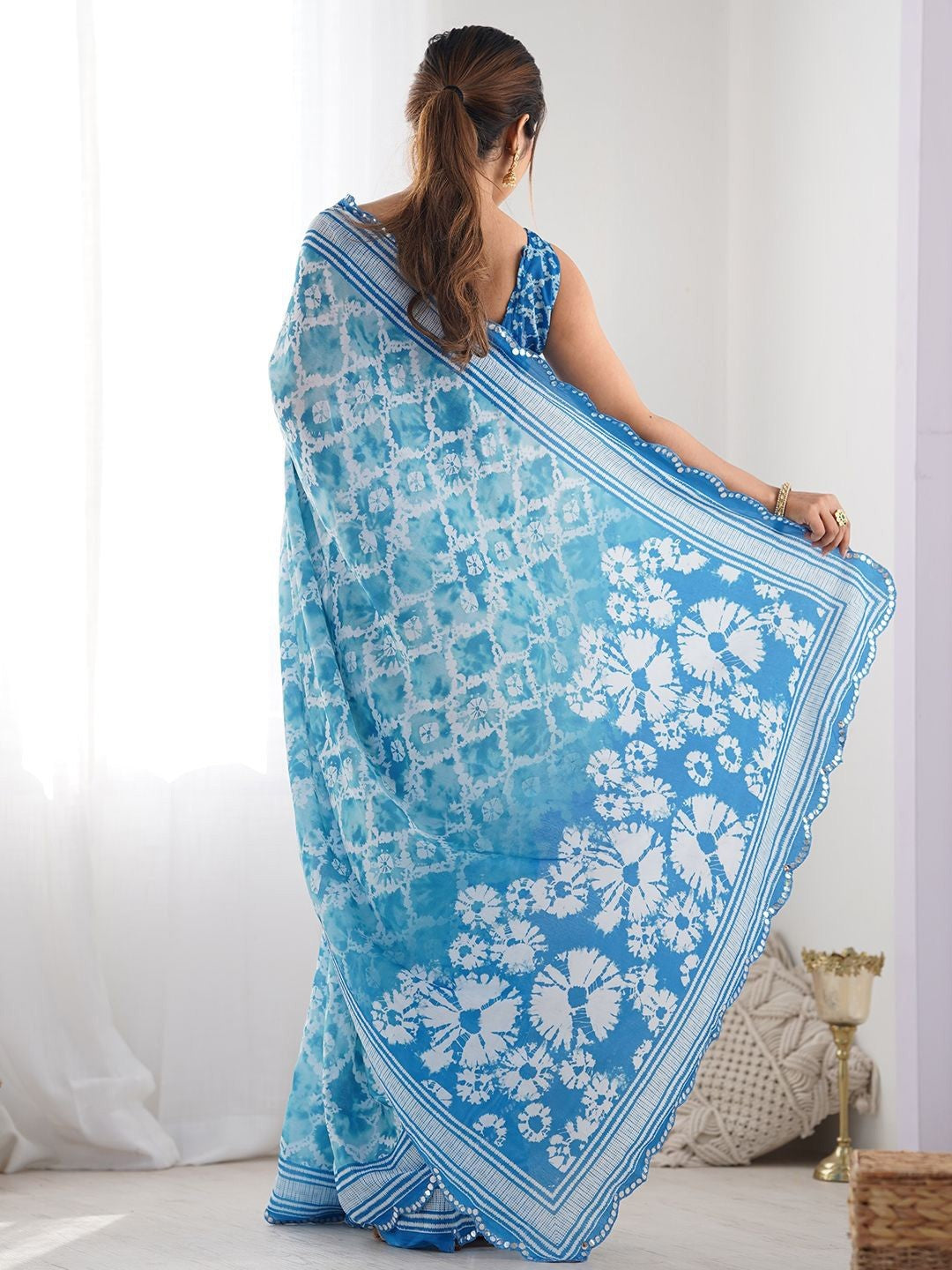 Sky Blue Georgette Saree With Digital Print And Mirror Work
