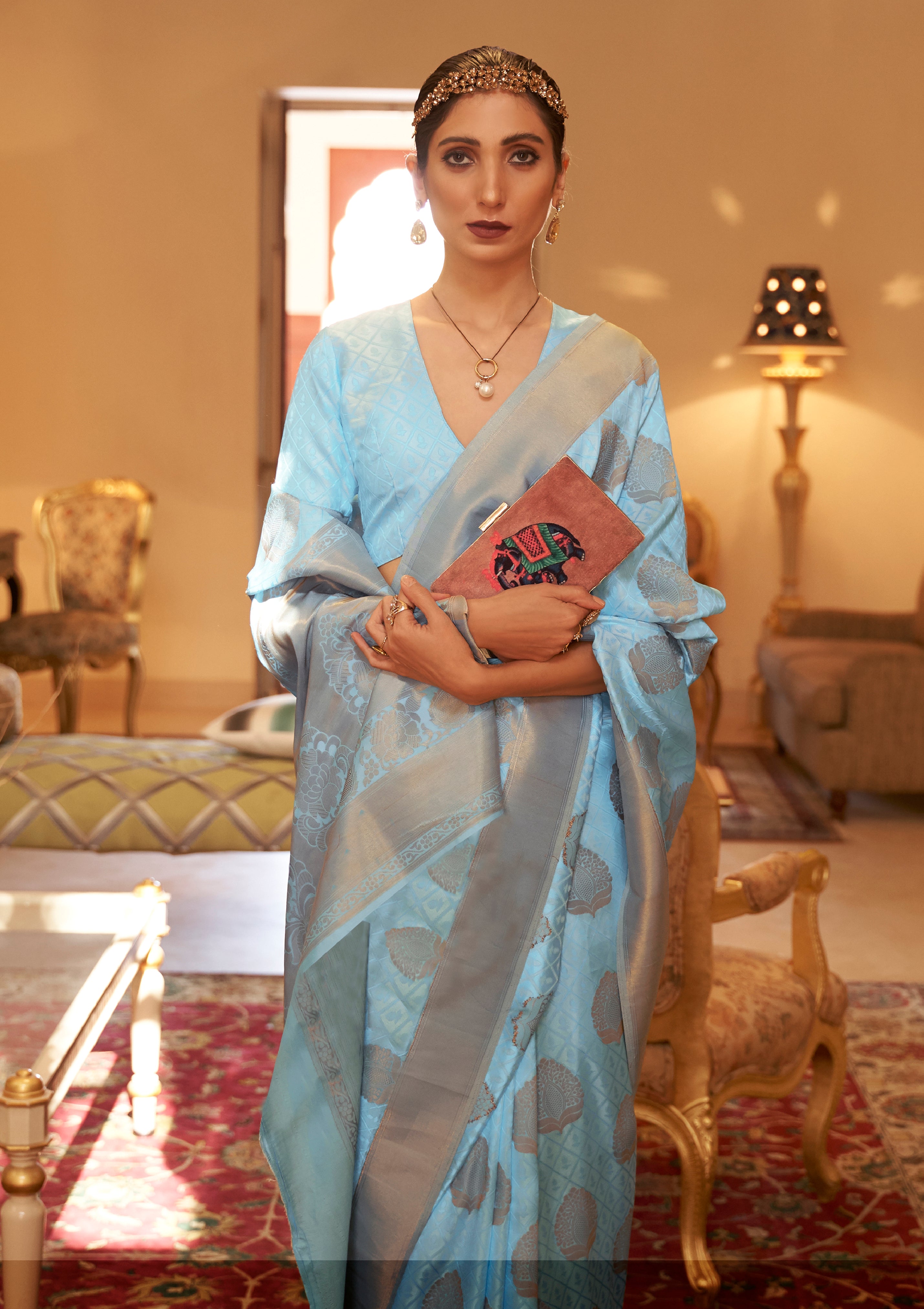 Sky Blue Handloom Silk Saree With Copper Zari Woven Work