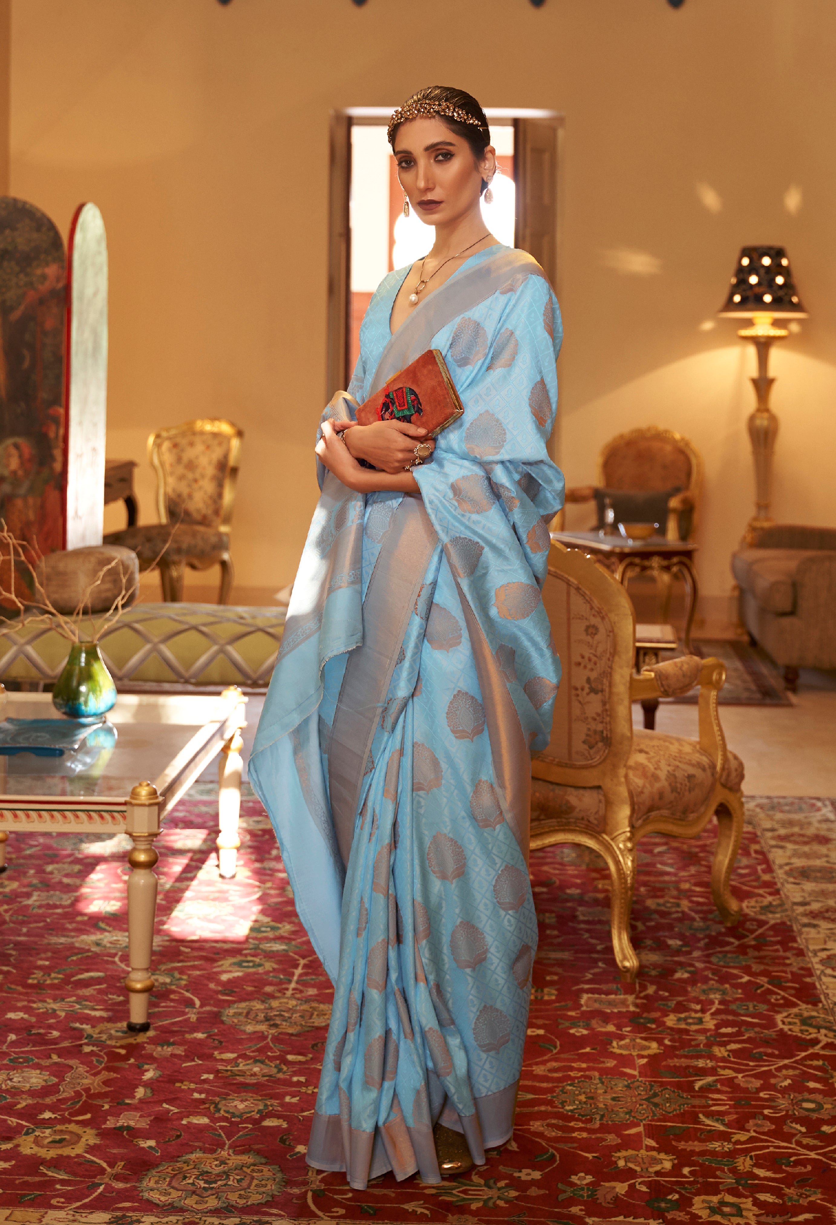 Sky Blue Handloom Silk Saree With Copper Zari Woven Work