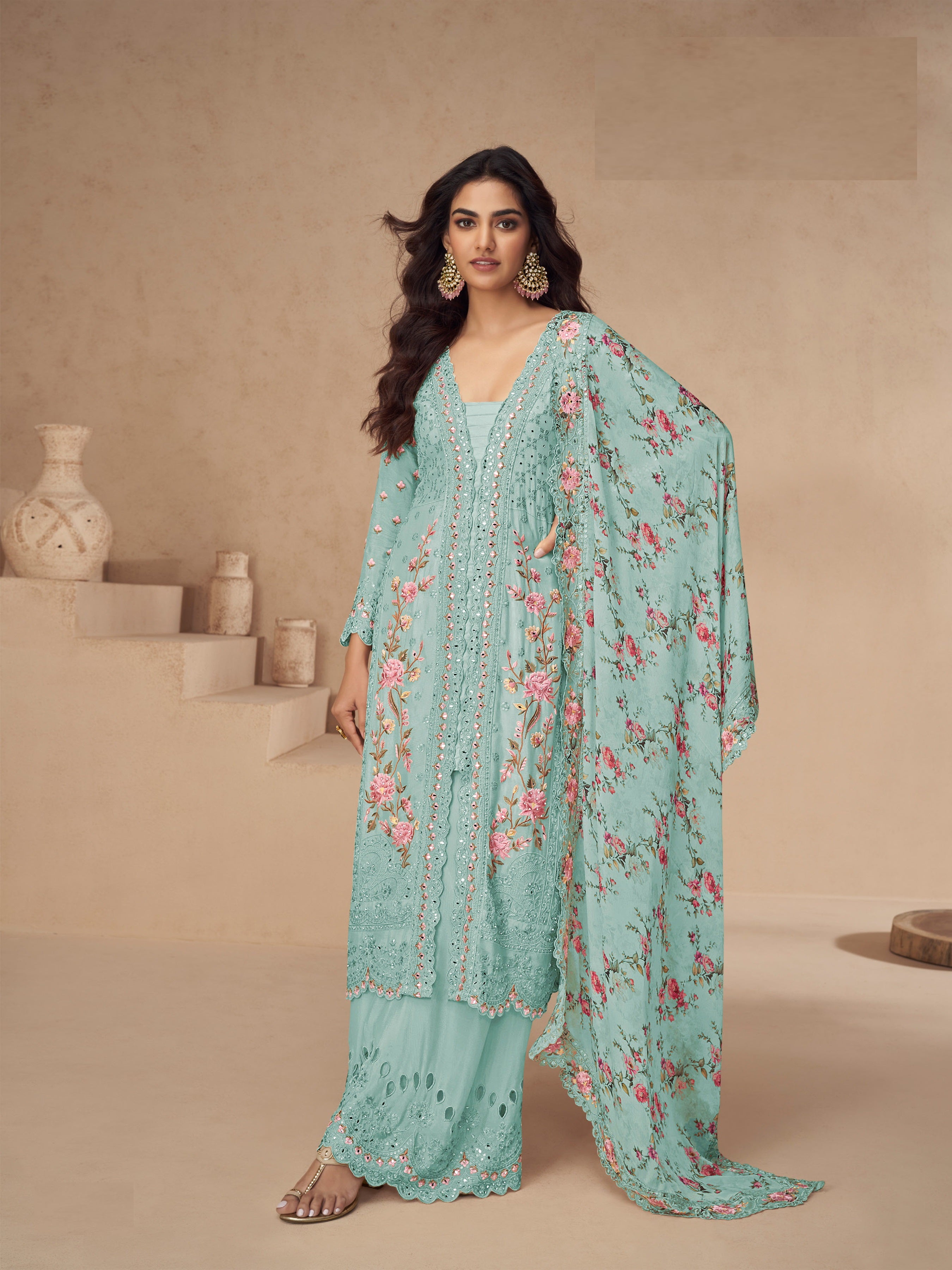 Sky Blue Heavy Designer Suit With Heavy Embroidery Work