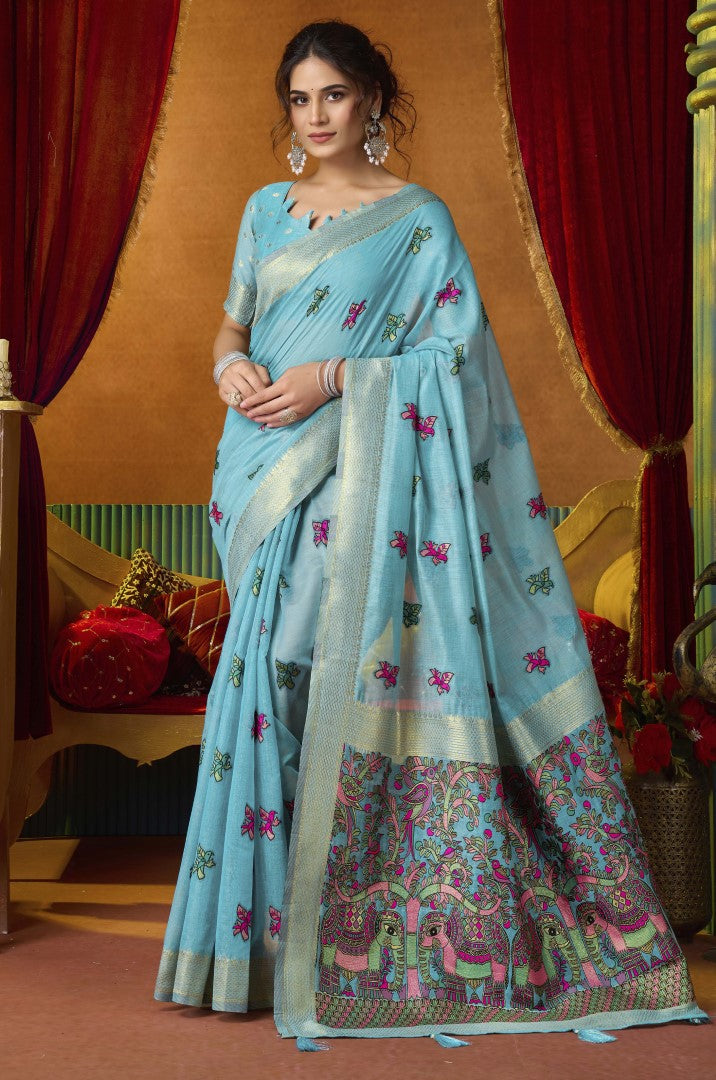 Sky Blue Katha Modal Saree with Premium Pom Pom Finish