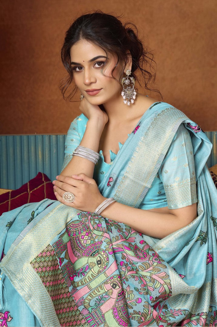 Sky Blue Katha Modal Saree with Premium Pom Pom Finish