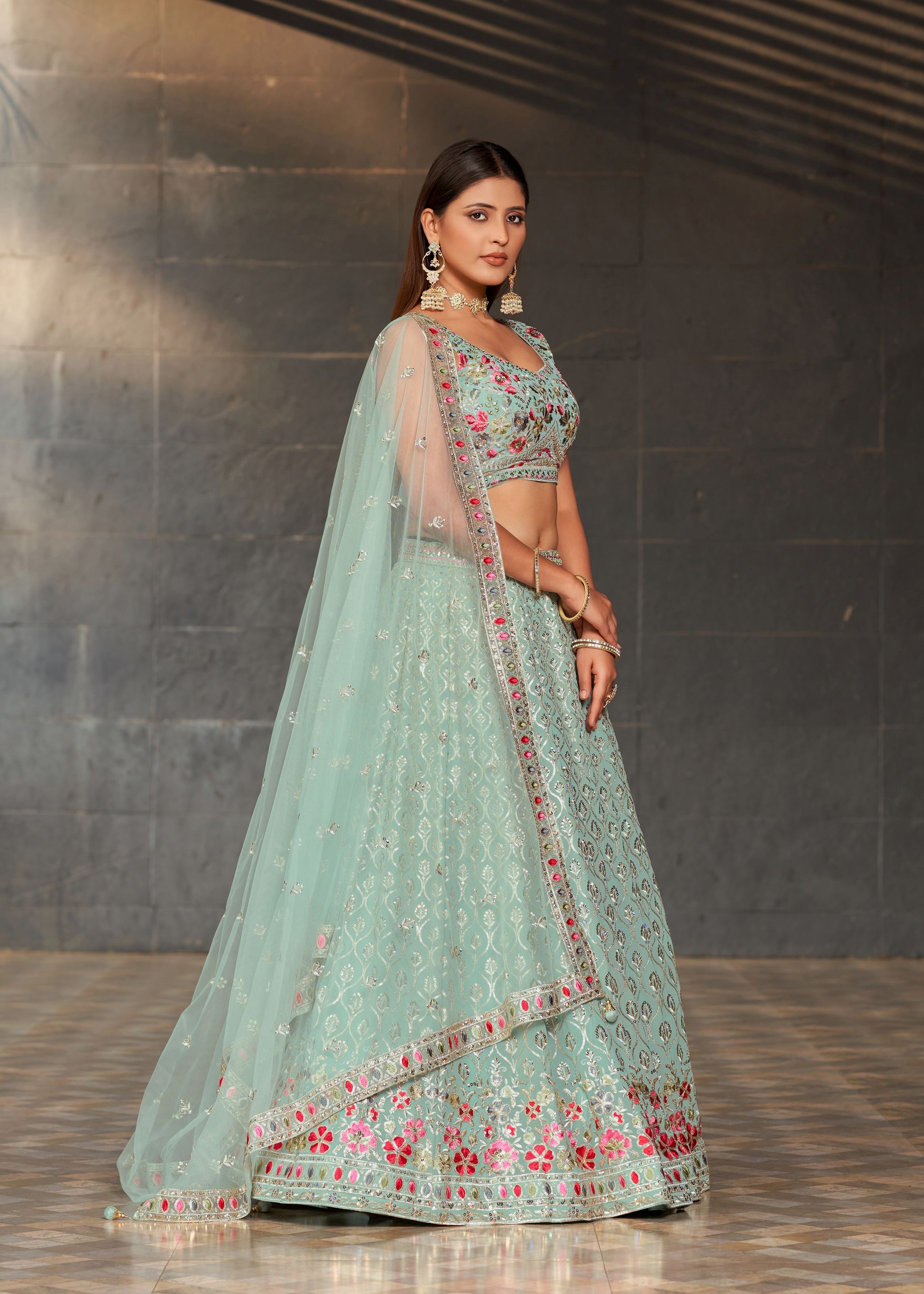 Sky Blue Lehenga Choli With Sequins, Zari, And Multi Color Thread Embroidery With Real Mirror Work