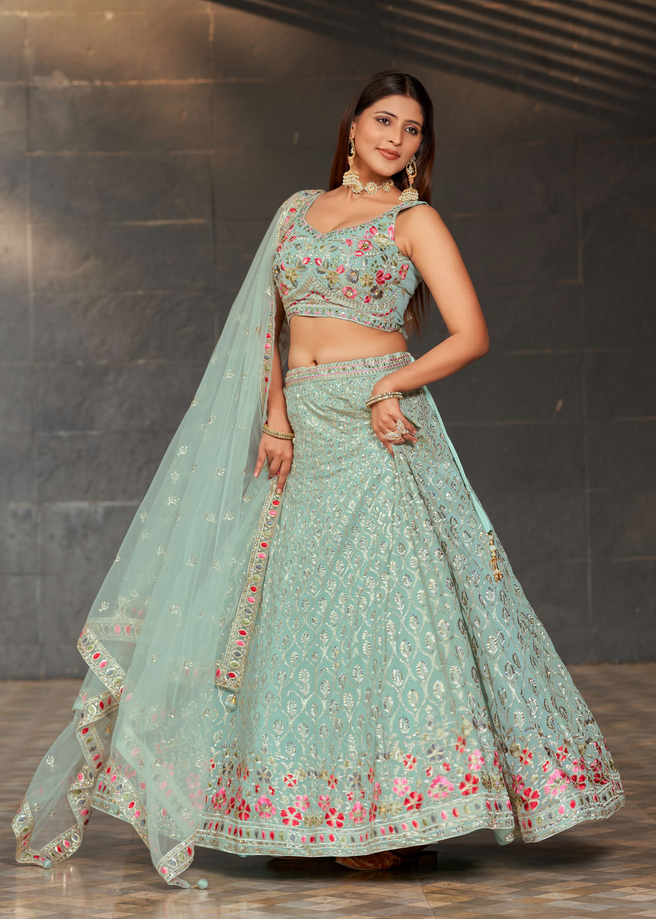 Sky Blue Lehenga Choli With Sequins, Zari, And Multi Color Thread Embroidery With Real Mirror Work