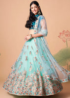 Sky Blue Lehenga Choli With   Thread, Zari, Dori And Sequins Embroidery With Mirror Work