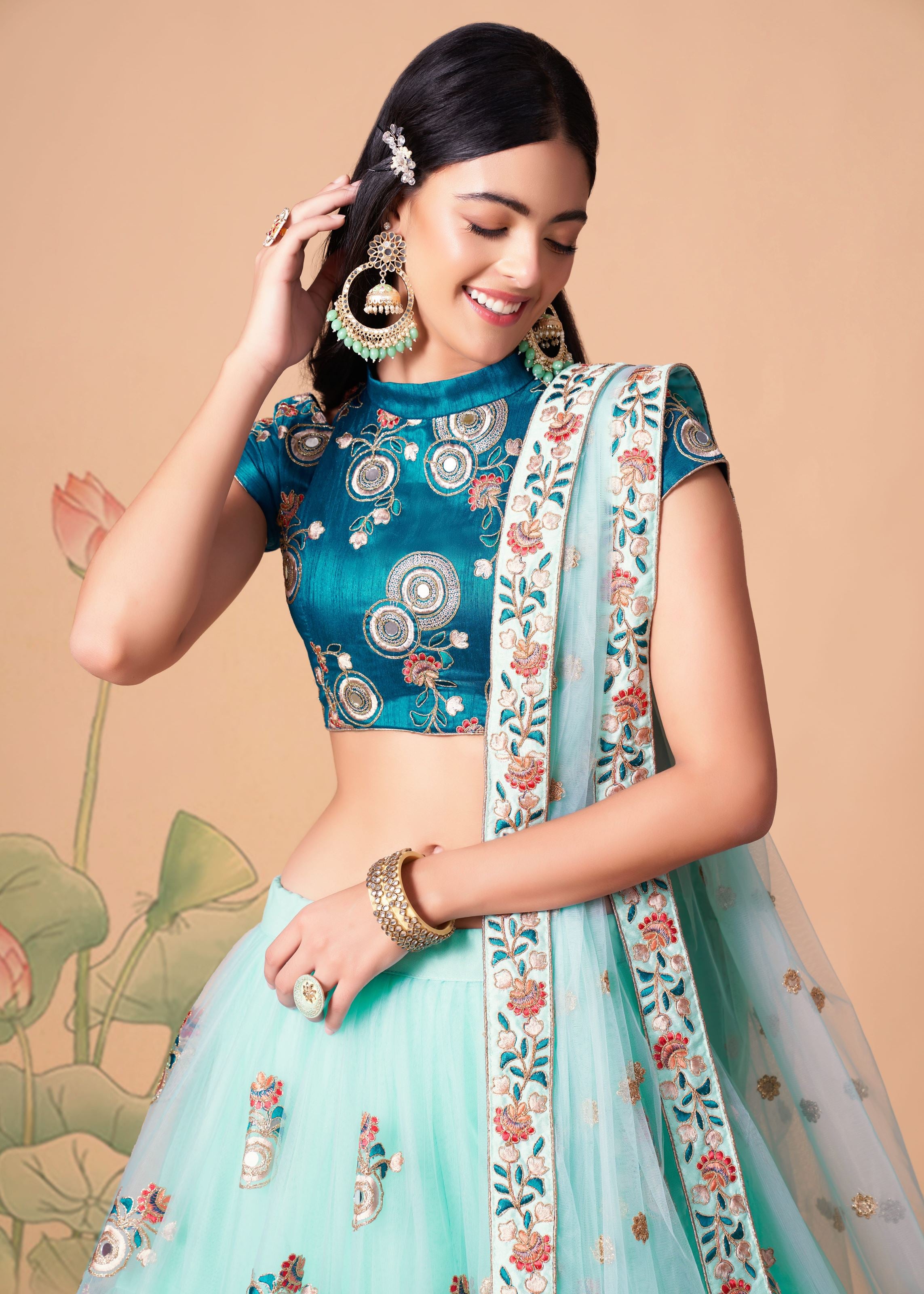 Sky Blue Lehenga Choli With   Thread, Zari, Dori And Sequins Embroidery With Mirror Work