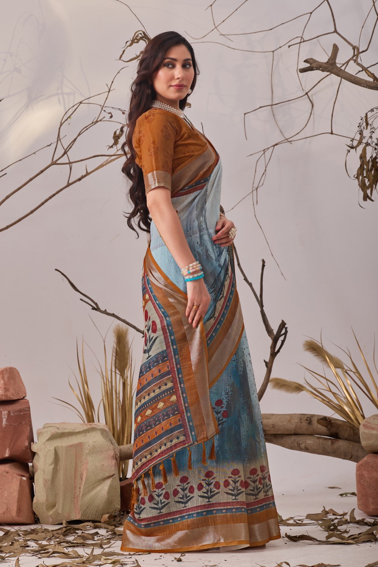 Sky Blue Linen Cotton Saree with Digital Print